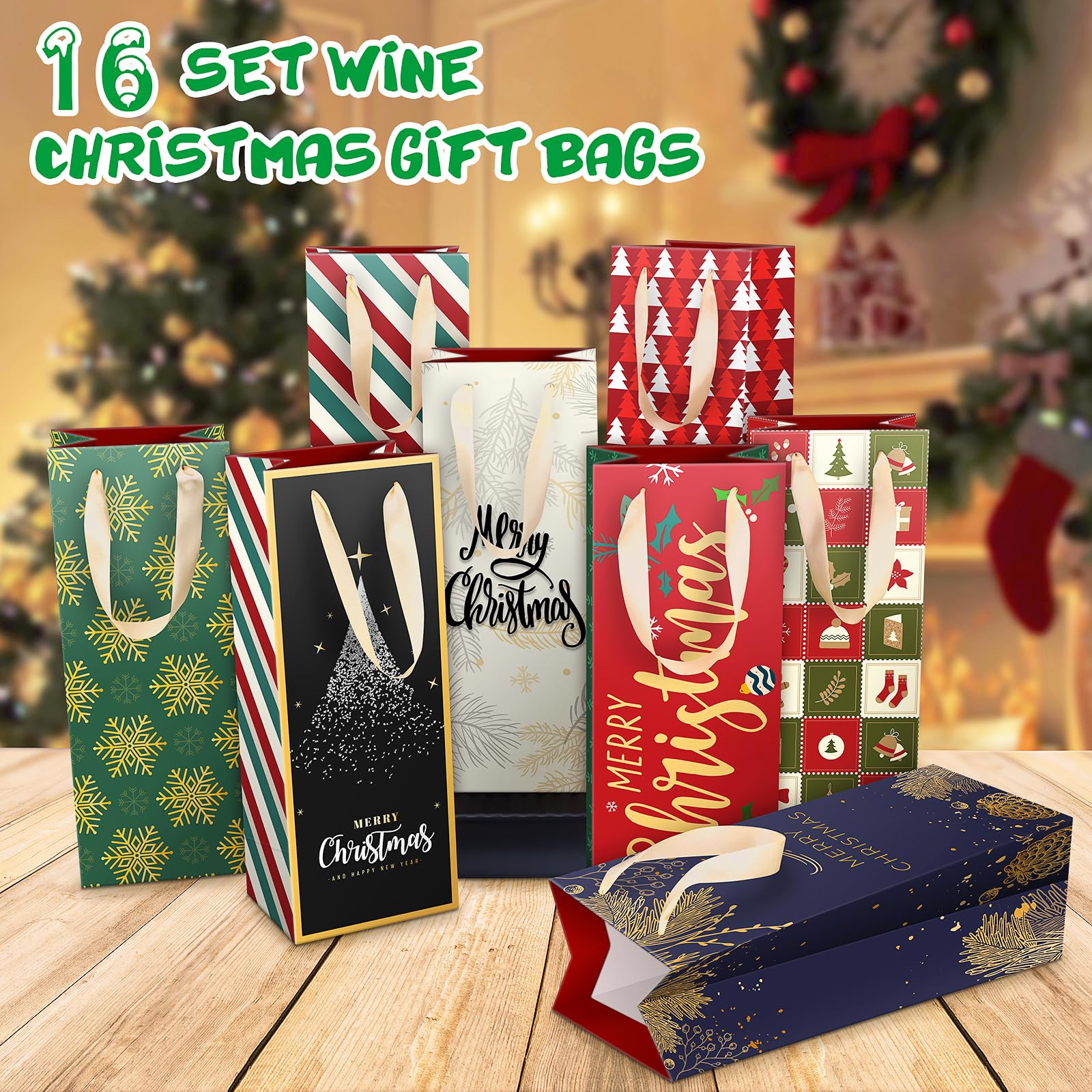 DeckTheHalls Christmas Wine Gift Bags - 16 Pack Reusable Holiday Bottle Wrap Bags with Ribbon Handles, Festive Designs for Christmas Parties, Engagements & Gifts | Perfect for Holiday Celebrations, Corporate Gifts & Wine Lovers