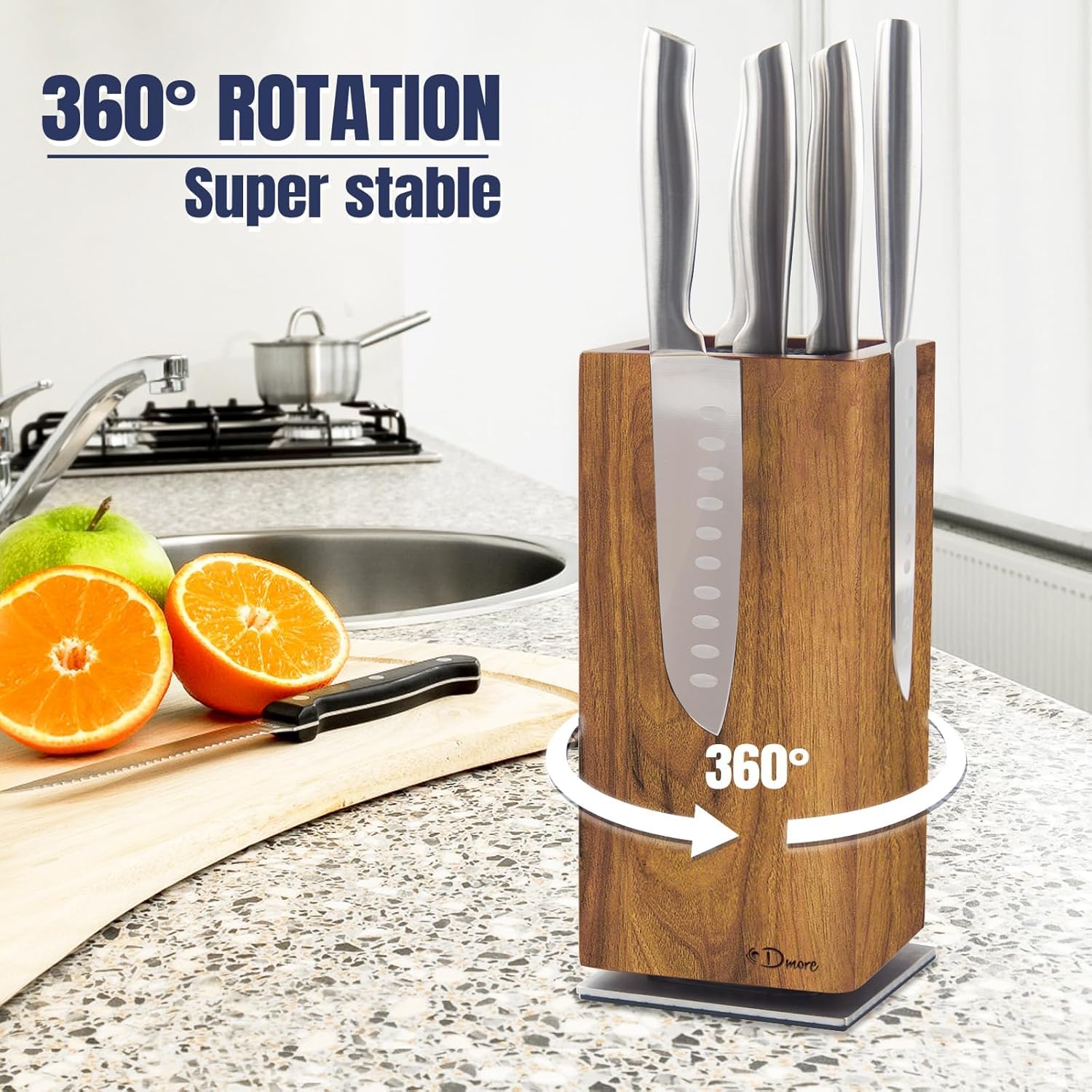 Dmore 360° Rotating Magnetic Knife Block - Extra Large Acacia Wood Knife Holder Stand for Kitchen Countertop | Knife Storage for Chefs & Home Cooks | Perfect for Organizing Knives, Scissors & Utensils