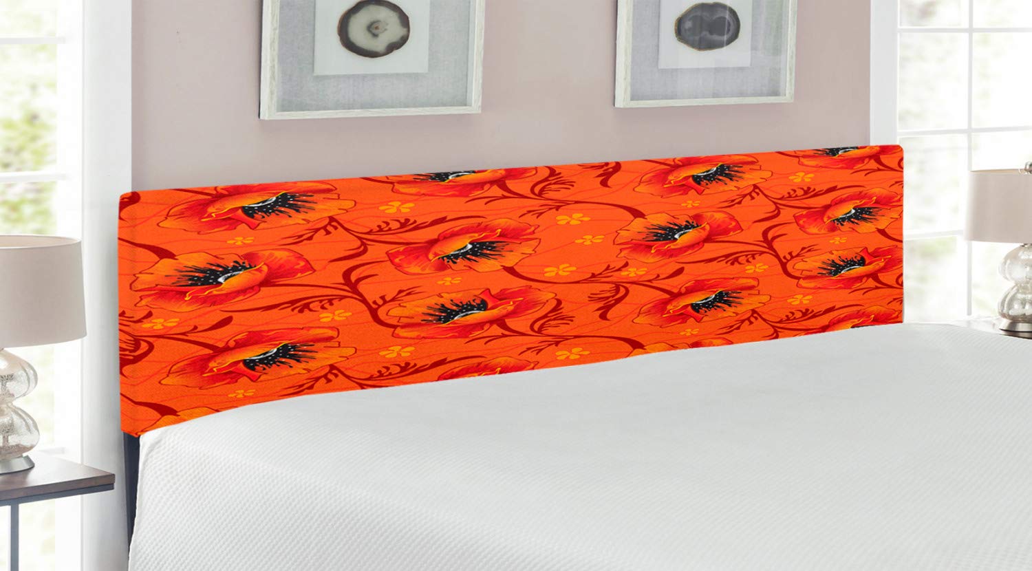 Ambesonne King Size Bohemian Headboard - Orange Poppy Flower Print Upholstered Metal Bed Frame with Memory Foam | Romantic Bedroom Decor for Master & Guest Rooms