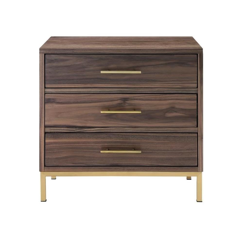 Stella 3-Drawer Nightstand with Metal Base in Walnut/Gold Finish - Modern Bedside Table for Bedroom, Living Room, or Office Storage
