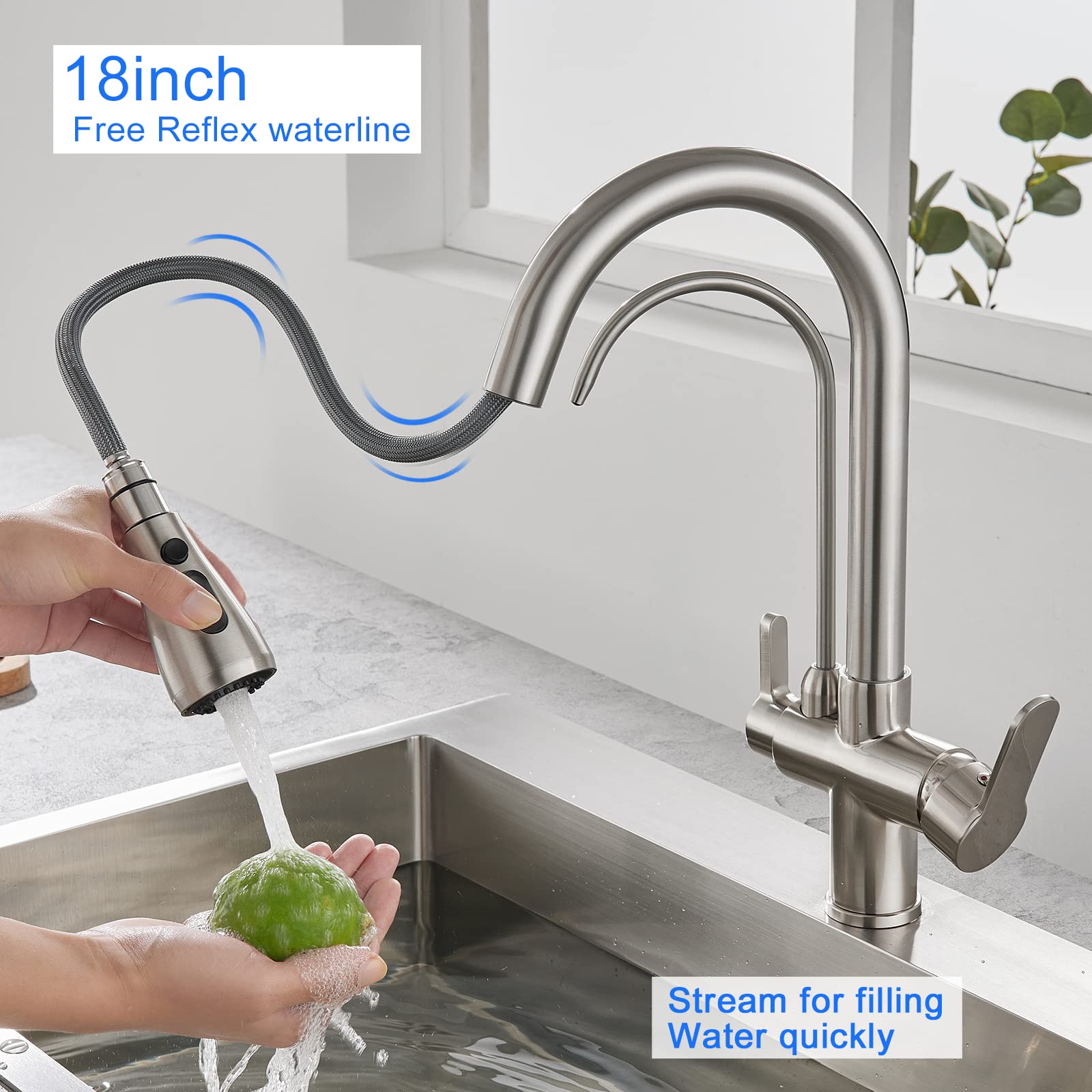 TSIBOMU 3-in-1 Pull Down Kitchen Faucet with Drinking Water Filter - Brushed Nickel Finish | 2 Handle Design for Easy Control | Perfect for Modern Kitchens, Cooking & Dishwashing