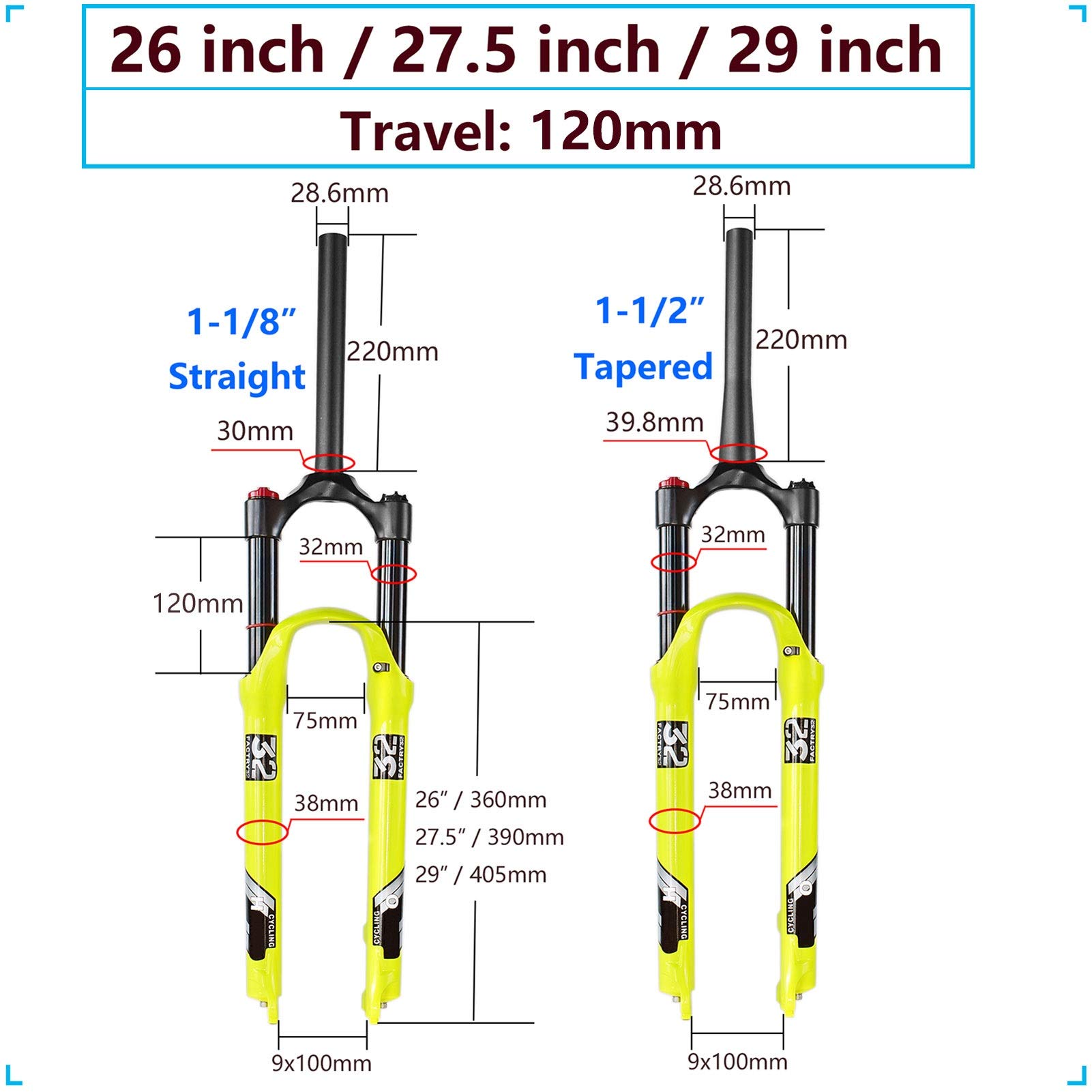 Premium Mountain Bike Air Fork - 26/27.5/29 Inch Magnesium Alloy Suspension Fork with 120mm Travel - Compatible with 1.5-2.45