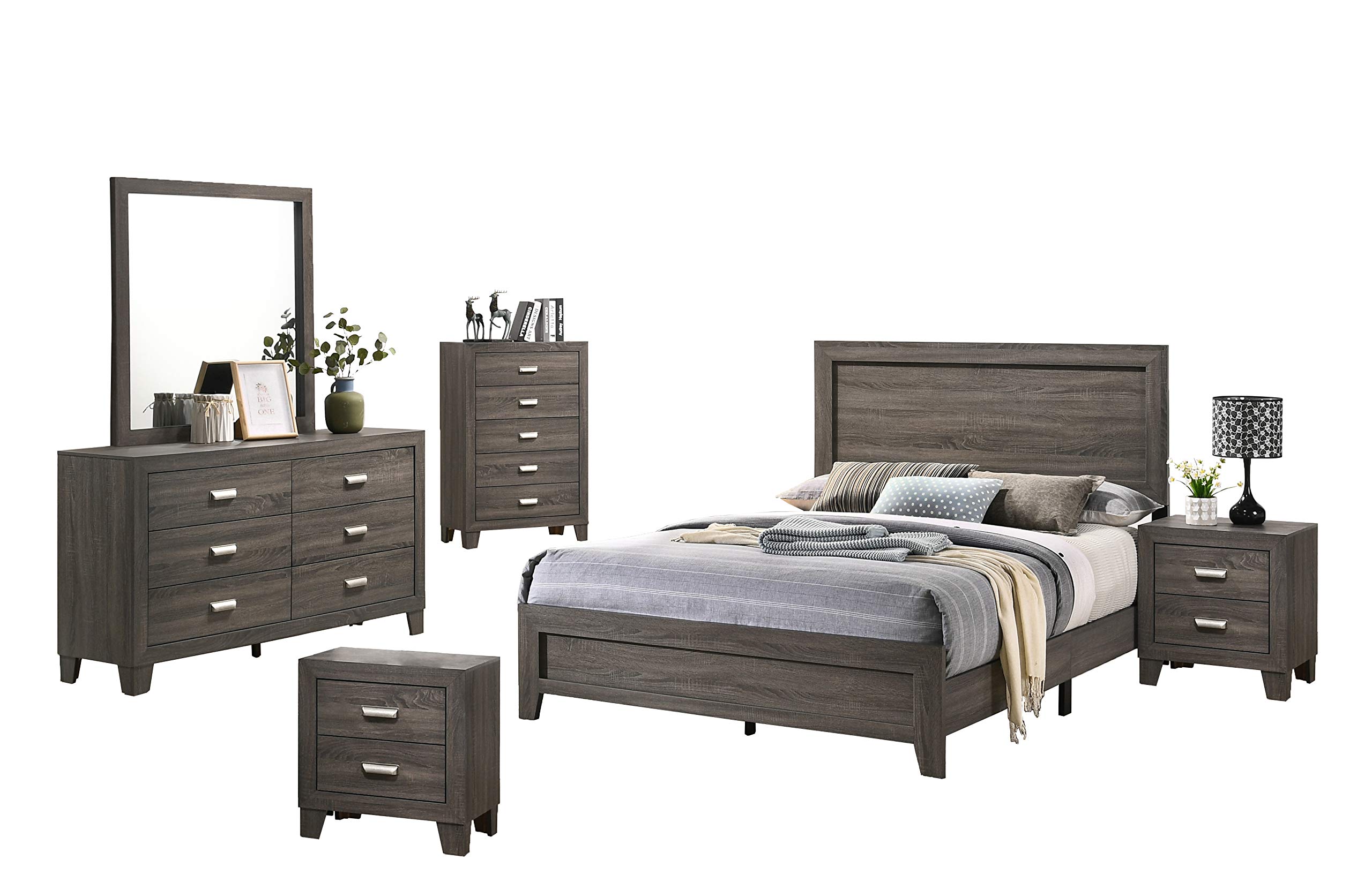 6-Piece Full Bedroom Set with Dresser, Mirror, 2 Nightstands & Chest in Gray - Perfect for Modern Bedroom Decor & Small Space Living