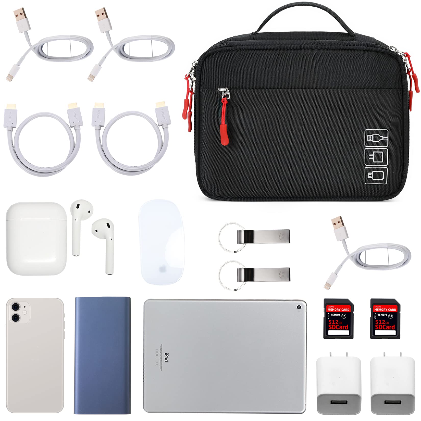 Portable Waterproof Travel Charger Cable Organizer Bag - Double Layer Electronics Storage Case for Hard Drives, Phones, USB Cables & SD Cards - Perfect for Travel, Office & Car Organization (Black)