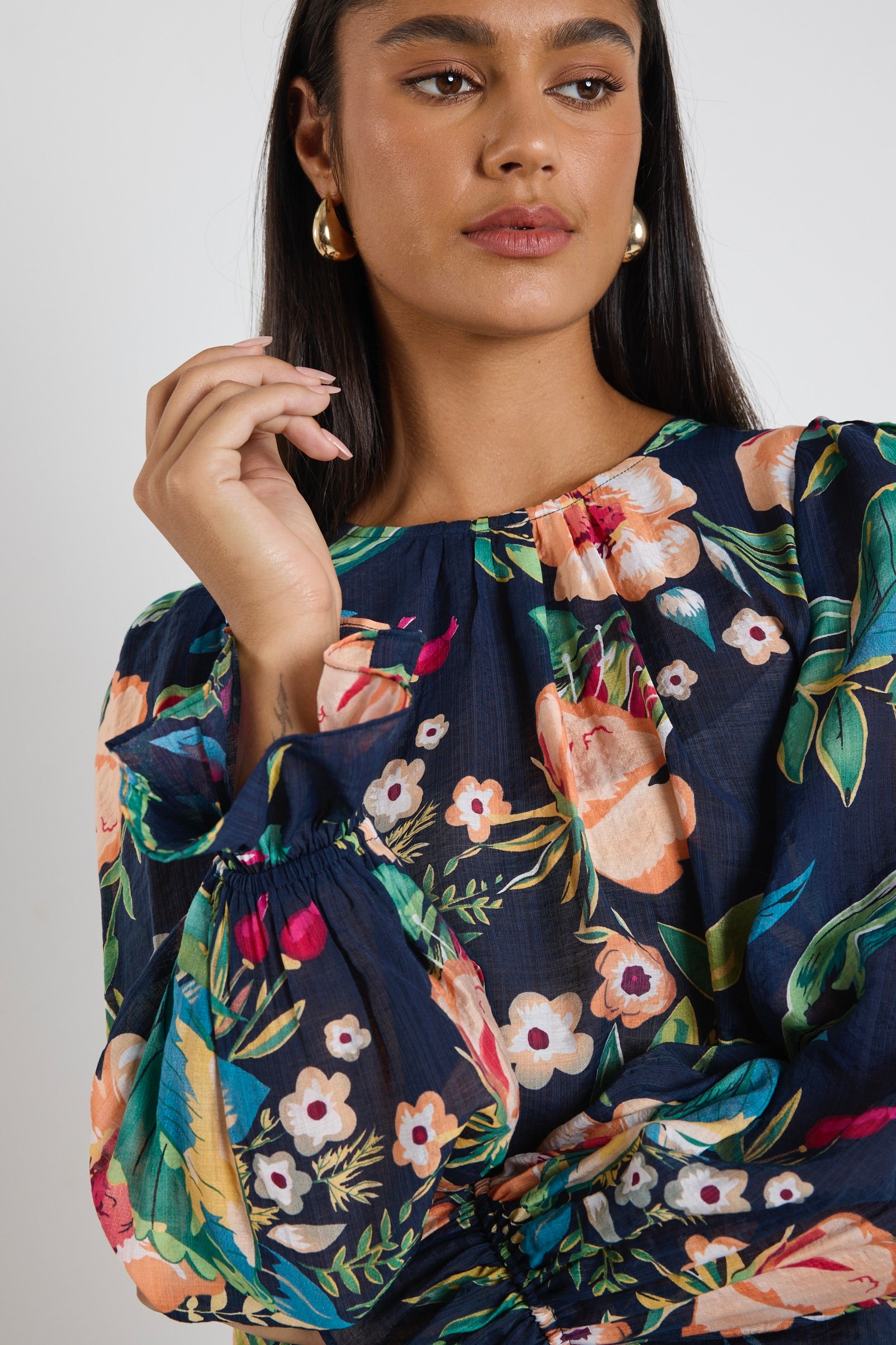 Endless Navy Floral Blouse with Long Sleeves - Women's Vibrant Floral Print Tunic Top for Casual Wear & Office Outfits