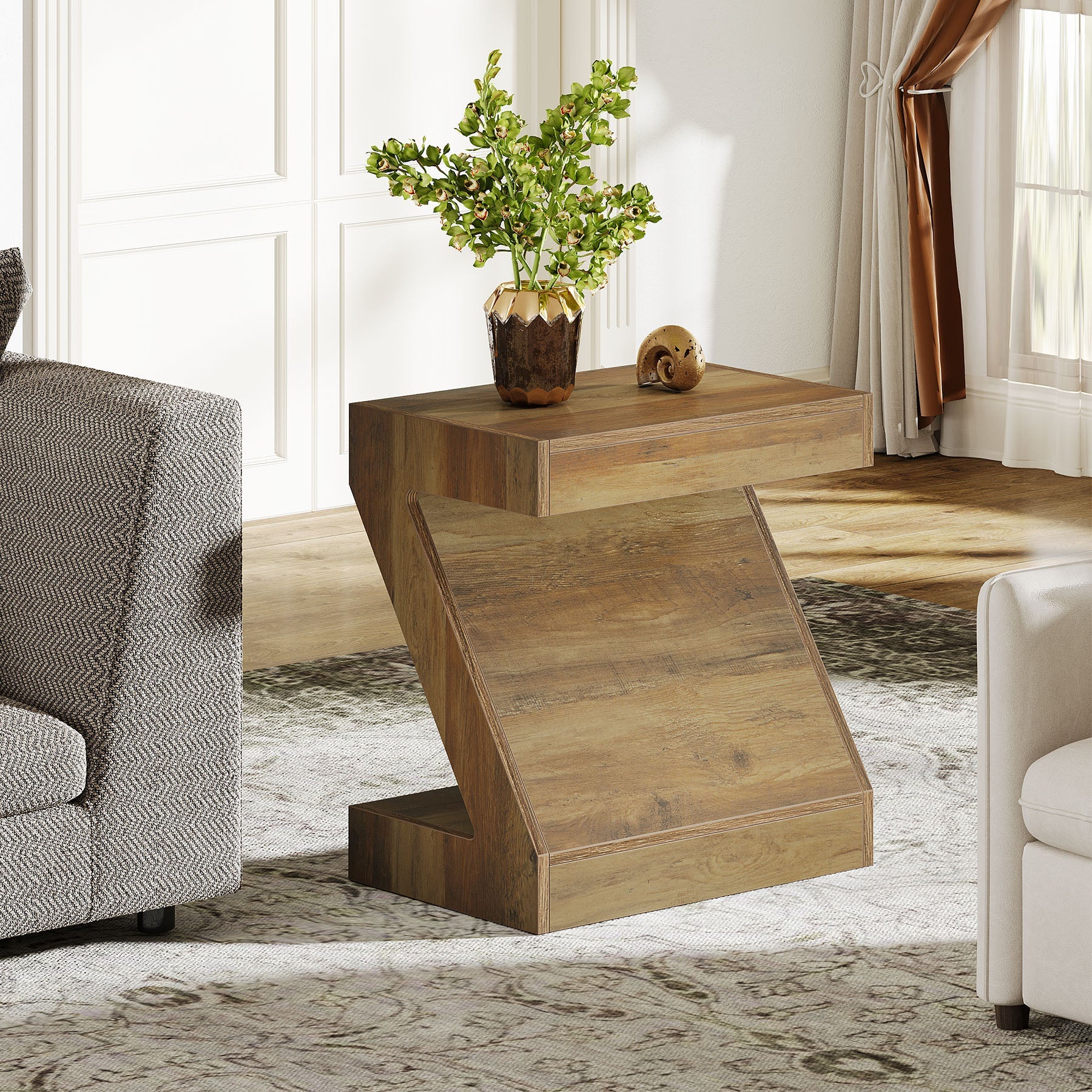 Modern Z-Shaped Wooden End Table - Stylish Nightstand for Bedroom, Living Room | Compact Side Table for Small Spaces, Home Decor & Storage Solution