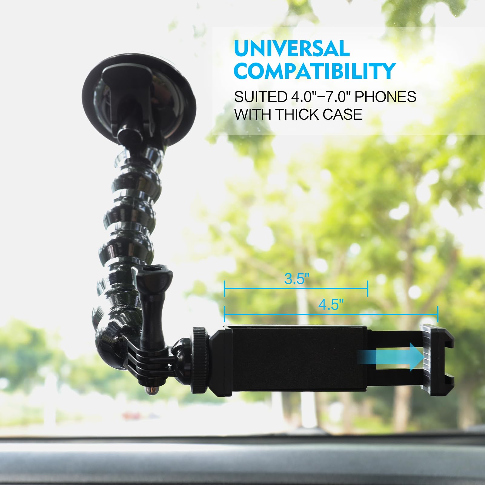 360° Adjustable Gooseneck Suction Cup Car Phone Mount Holder - Compatible with iPhone 15/14/13/12, Samsung Galaxy S23/S22 (4.0-7.0 inch Phones) & Action Cameras - 7 Flexible Joints for Perfect Viewing Angle - Ideal for GPS Navigation, Hands-Free Calling & Dashcam Setup