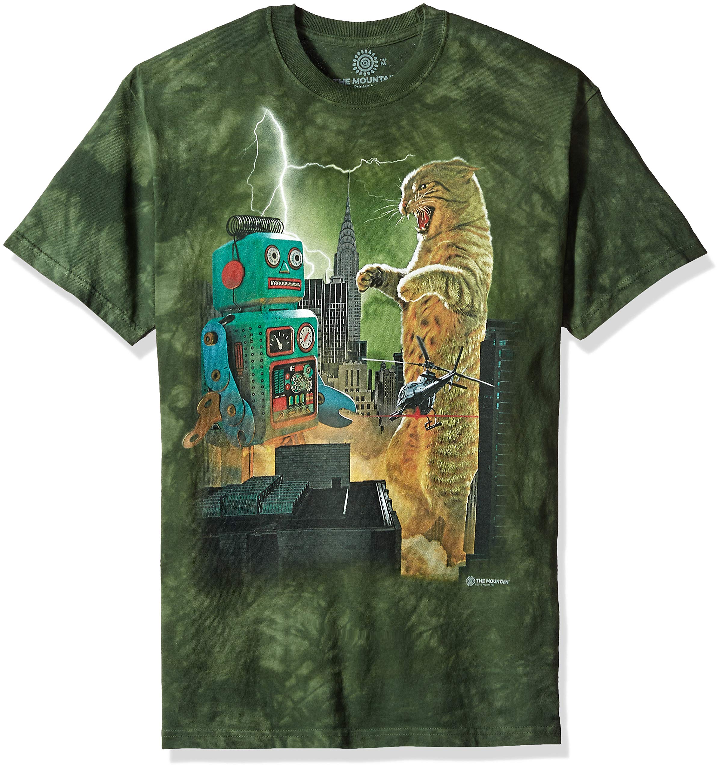 The Mountain Catzill Vs. Robot Graphic T-Shirt - Funny Cat & Robot Battle Design - Soft Cotton Tee for Men & Women - Perfect for Casual Wear, Gifts, and Comic Conventions