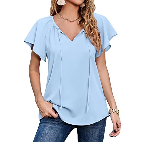 Women's Summer V Neck Ruffle Sleeve Chiffon Blouse - Flowy Casual Shirt for Women - Perfect for Beach, Office & Date Night Outfits