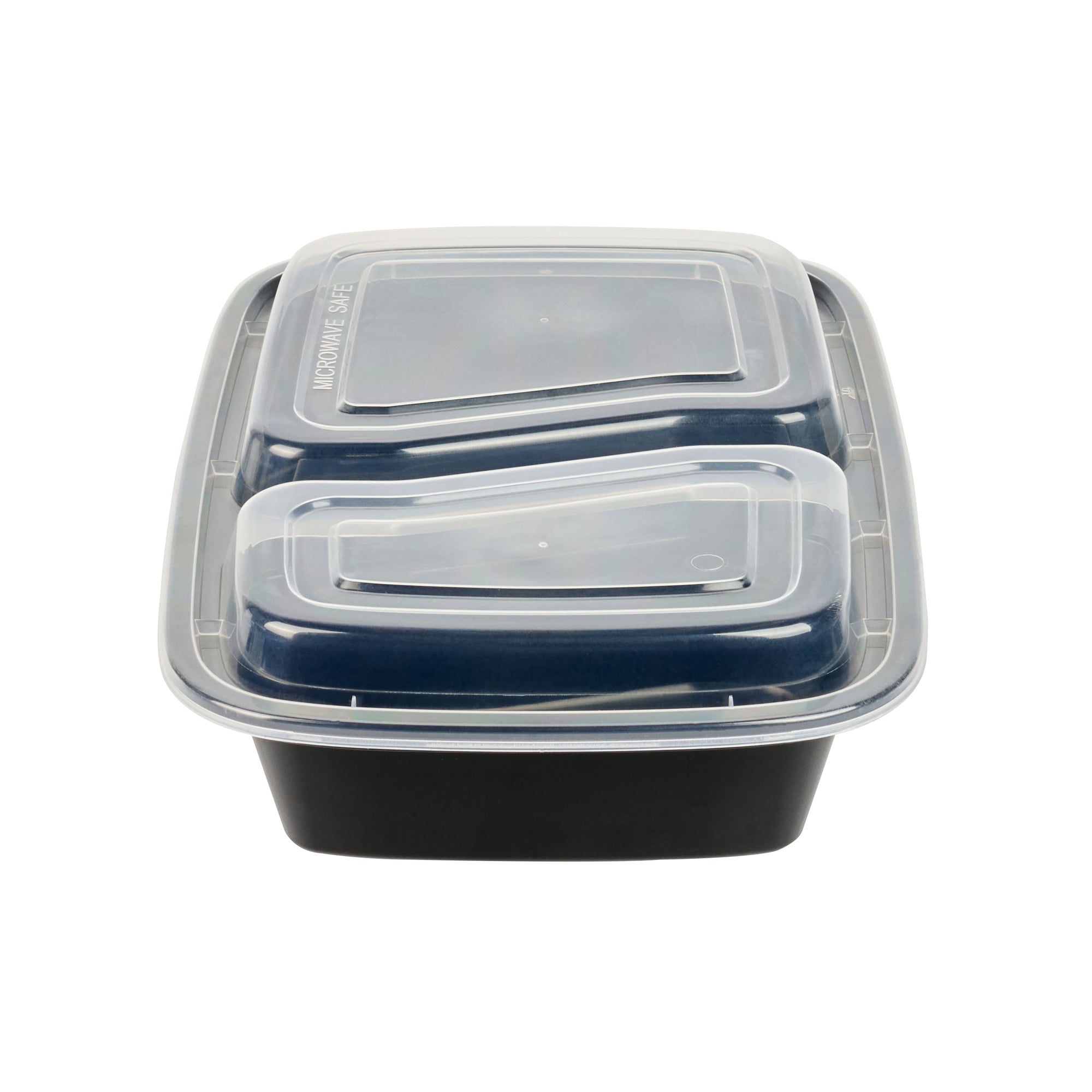 32 oz Black Plastic 2-Compartment Food Storage Containers with Clear Lids - Microwave Safe (8.75