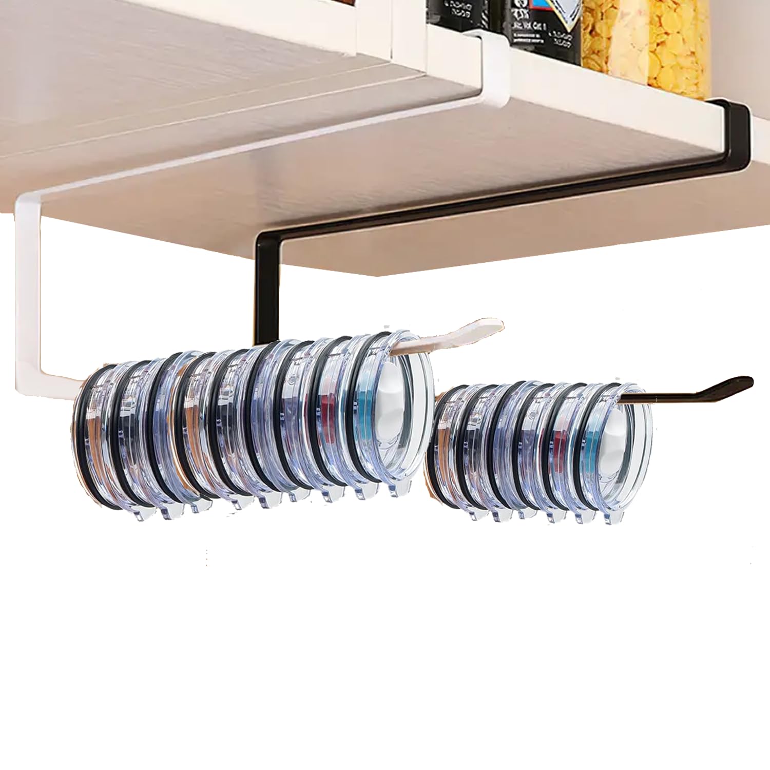 Space Saving Black Hanging Tumbler Lid Organizer for Stanley/YETI Cup Lids - No Screws No Adhesive Cabinet Hook Holder - Perfect for Kitchen, Office & RV Organization