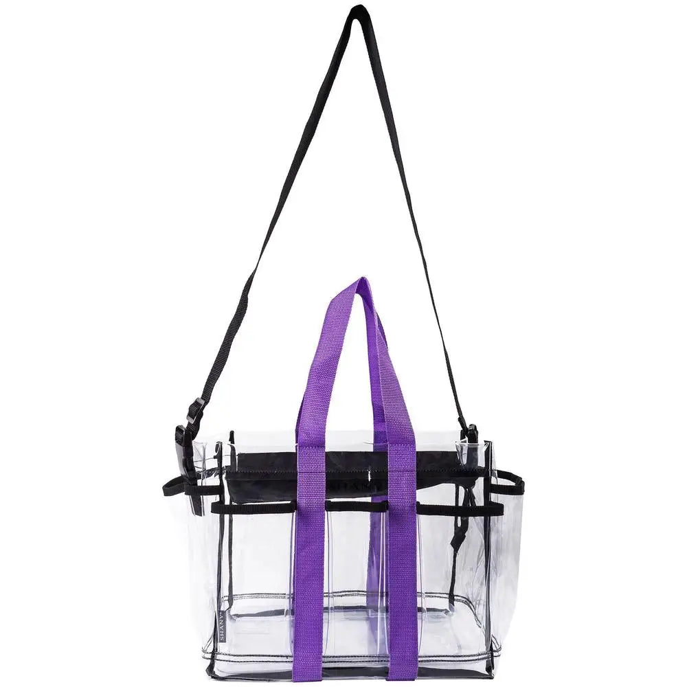 SHANY Clear Travel Caddy with Multiple Pockets & Purple Handle - Perfect for Airplane, Car, and Home Organization | TSA Compliant Carry-On Accessory