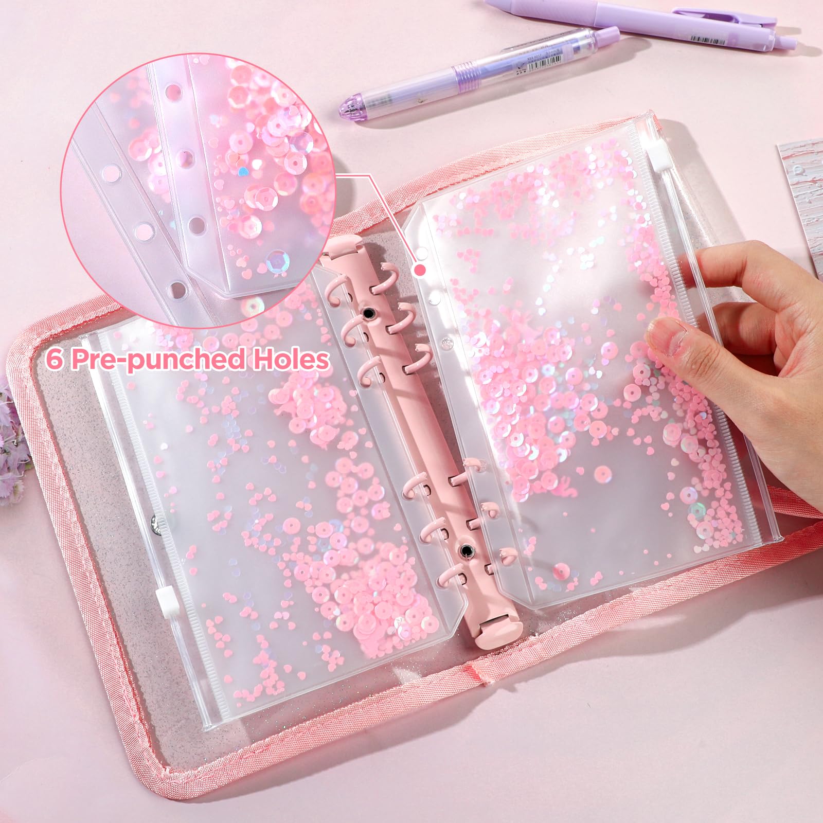 12-Piece A6 6-Ring Binder Pockets - Soft PVC Planner Organizer with Sequins, Zipper Pouches & Cash Envelopes for Budgeting, Filing & Document Storage - Perfect for 6-Ring Binders, Journals & Notebooks (Pink) - Ideal for Office, School & Home Organization