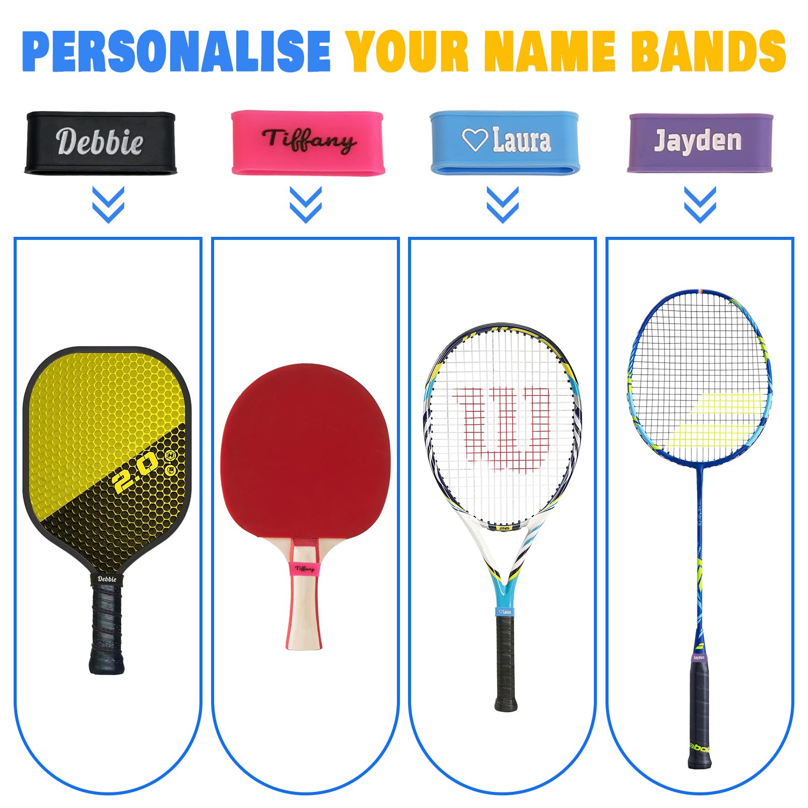 2 Pcs Custom Pickleball Paddle Name Bands - Personalized Silicone Grip Bands for Pickleball Rackets - Perfect for Tournaments, Gifts & Improving Grip (Black/White) - Great for Outdoor & Indoor Play