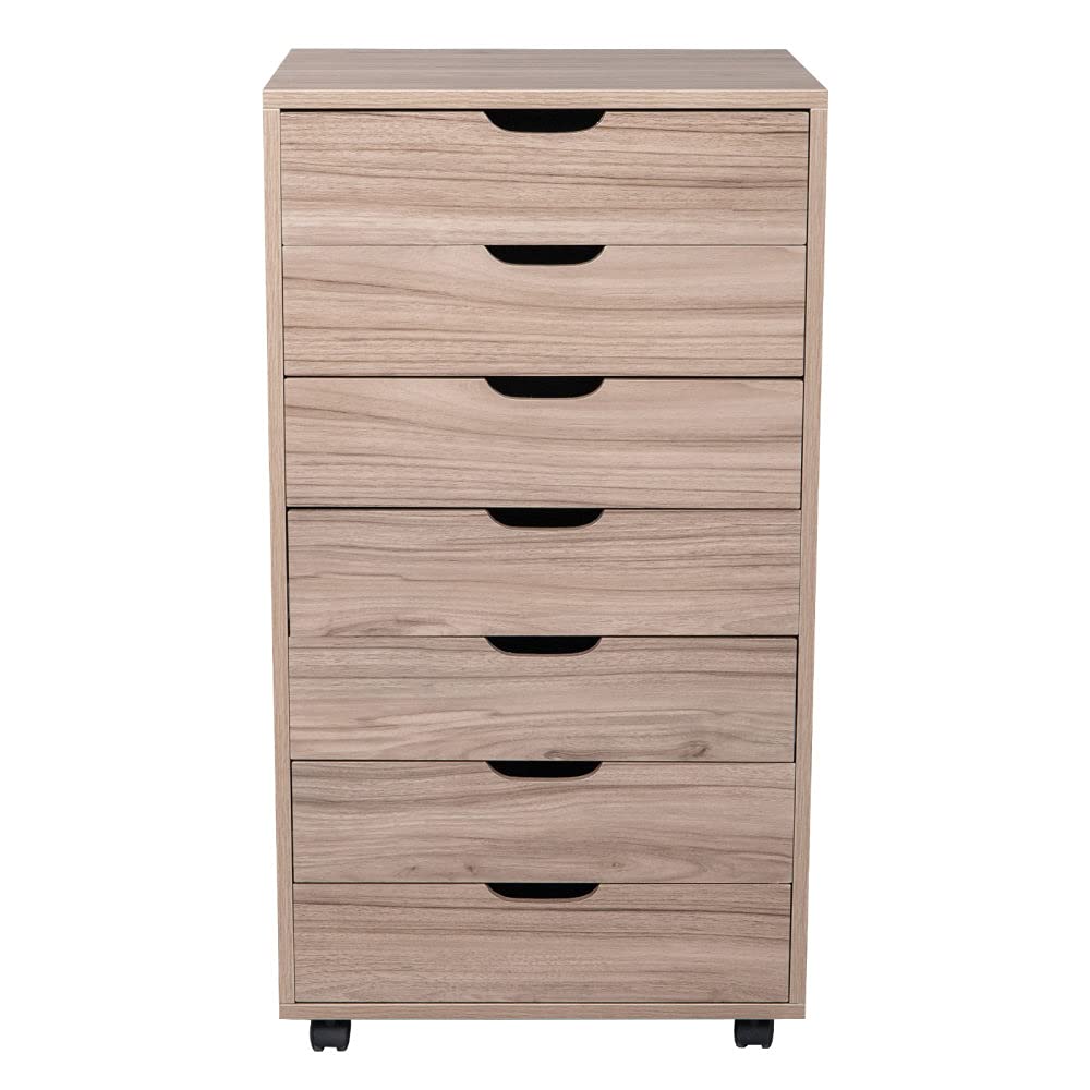 7-Drawer Wood Rolling Filing Cabinet with Wheels - Modern Storage Dresser with Ample Space for Office, Living Room, Bedroom & Entryway - Grey Oak Finish - Perfect for Organizing Documents, Clothes & Home Essentials