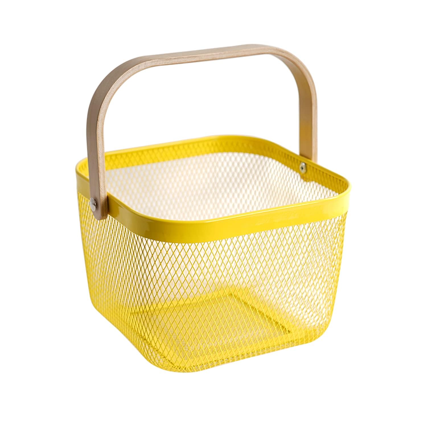 SANHSEHOME Metal Wire Storage Basket with Handle - Yellow Kitchen Counter Organizer, Harvest Basket for Fruits, Vegetables, Eggs - Perfect for Picnic, Garden Harvesting & Home Organization