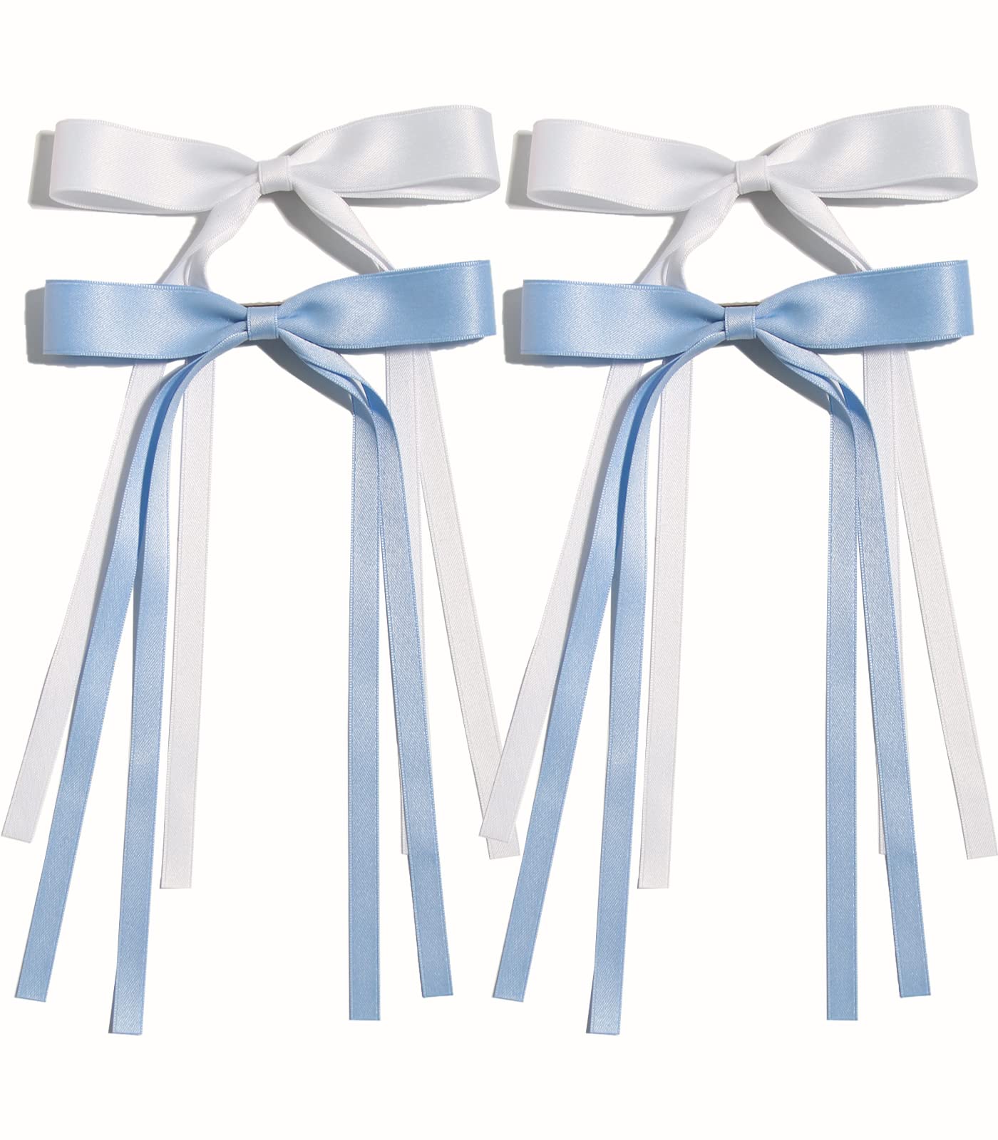 4pcs Women's Hair Clips - Elegant Tassel Ribbon Bowknot Barrettes with Long Tail, Solid Claw Hair Clips for Long Hair (White & Light Blue) | Perfect for Weddings, Parties and Daily Styling