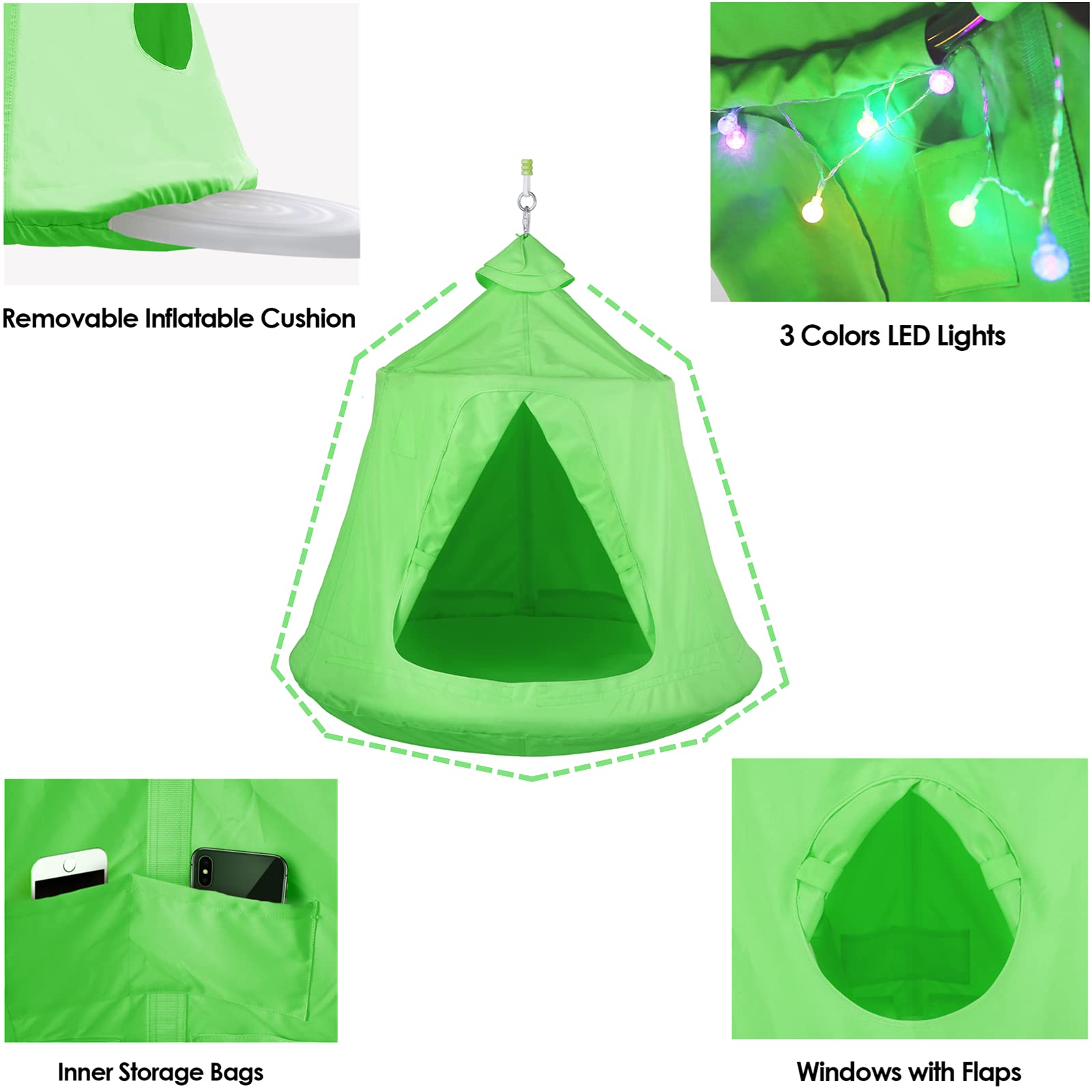 X-Shaped Hanging Tree Tent with Swing Chair - Heavy Duty 330lb Capacity Steel Frame Hammock Stand for Indoor & Outdoor Use - Perfect for Bedroom, Porch, Balcony, Garden, and Patio Relaxation (Green)