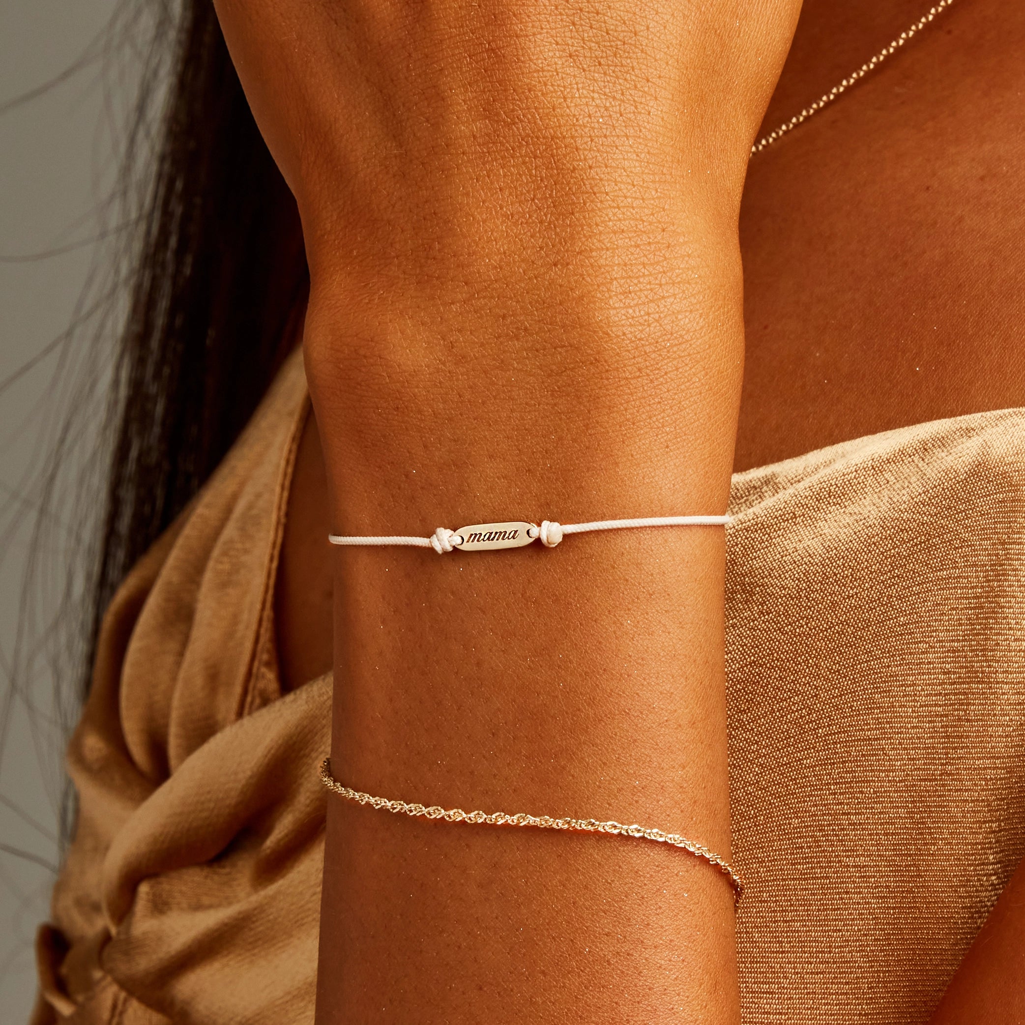 10K Yellow Gold Mother Contemplation Cord Bracelet with Cream Cord - Elegant Jewelry Gift for Moms, Meditation & Spiritual Wear