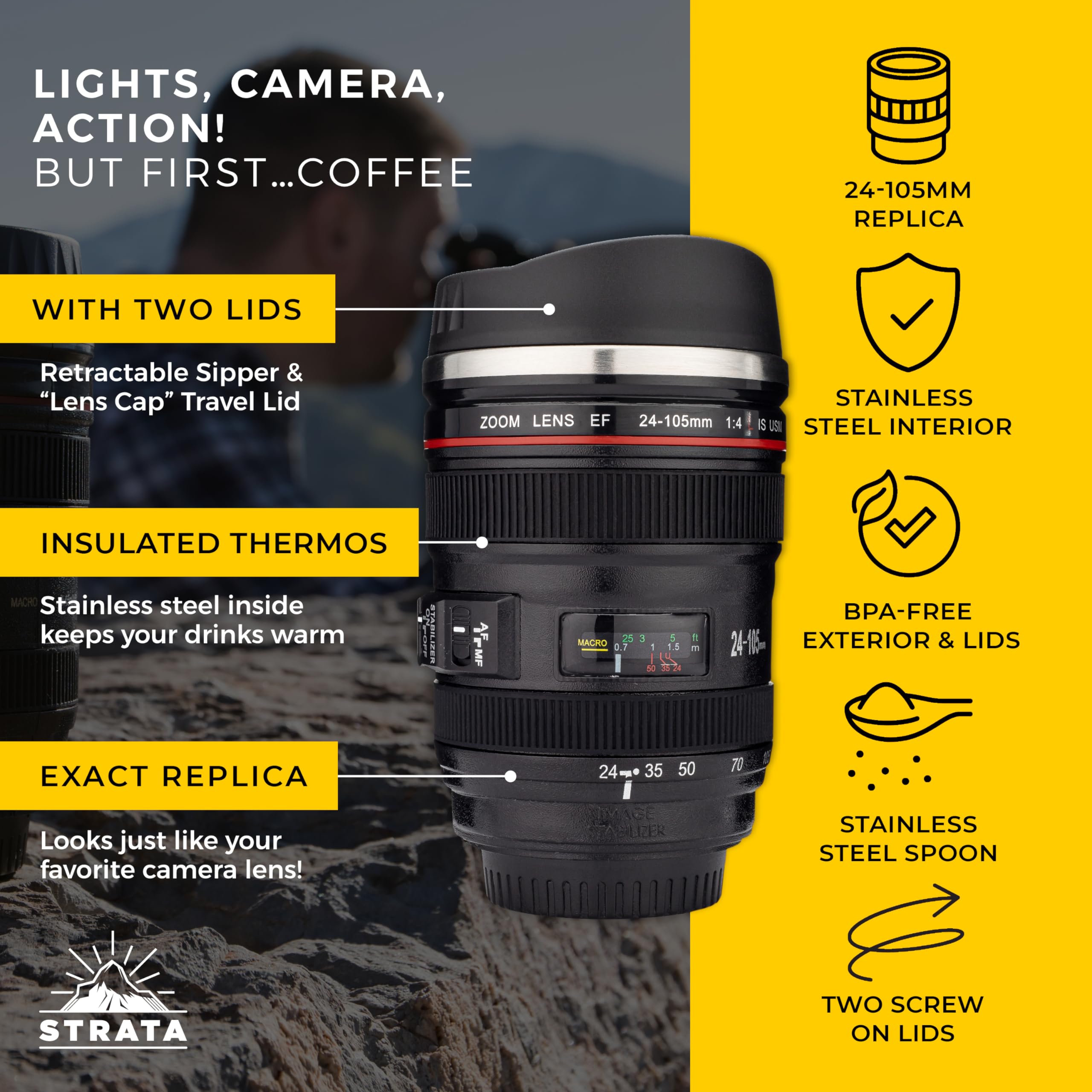 STRATA CUPS 13.5oz Camera Lens Coffee Mug with 2 Lids, Spoon & Gift Bag - Perfect Photography Gift for Men, Dad, Photographers - Great for Office, Home Use & Camera Enthusiast Collections
