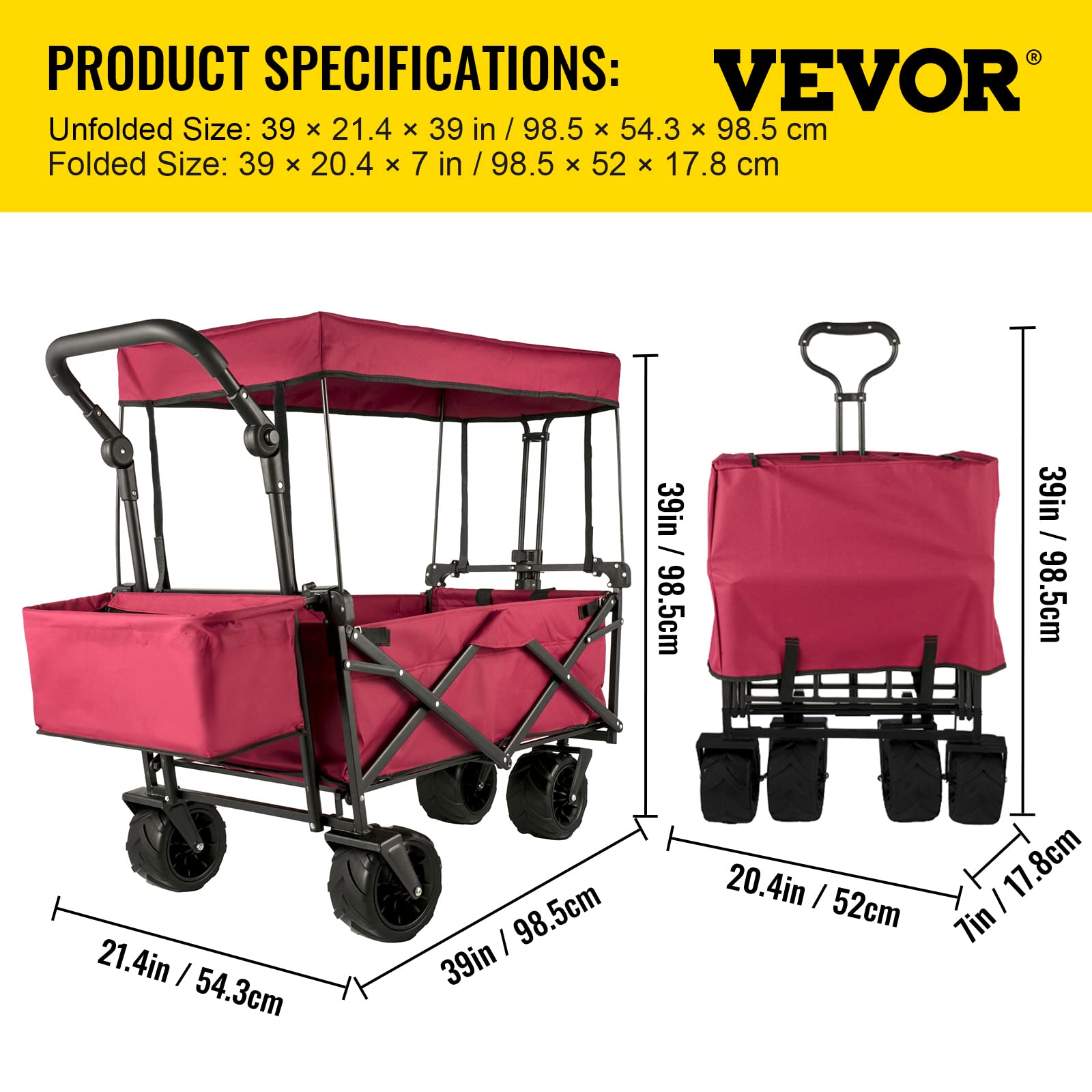 Best Collapsible Wagon with Removable Canopy - Heavy Duty 220lbs Capacity Foldable Beach Cart with Large Wheels - Adjustable Push/Pull Handle Folding Stroller Wagon (Red) - Perfect for Beach Trips, Camping, Grocery Shopping & Outdoor Adventures