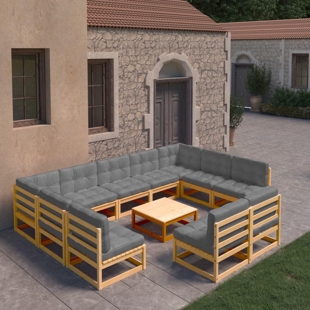 10-Piece Patio Lounge Set with Cushions - Solid Pinewood & Polyester Outdoor Furniture - Gray/Brown Corner & Middle Sofas with Coffee Table - Perfect for Backyard, Garden, or Poolside Relaxation