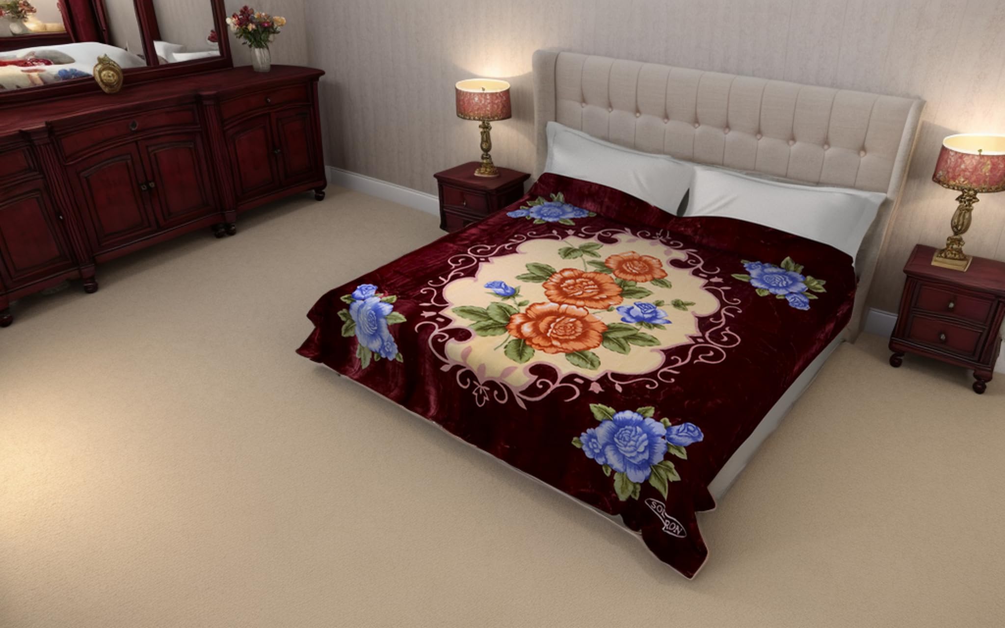 Solaron Flower Queen Size Bed Blanket - Burgundy Red Soft Warm Bedding for Winter - Perfect for Master Bedroom, Guest Room & Cozy Home Decor