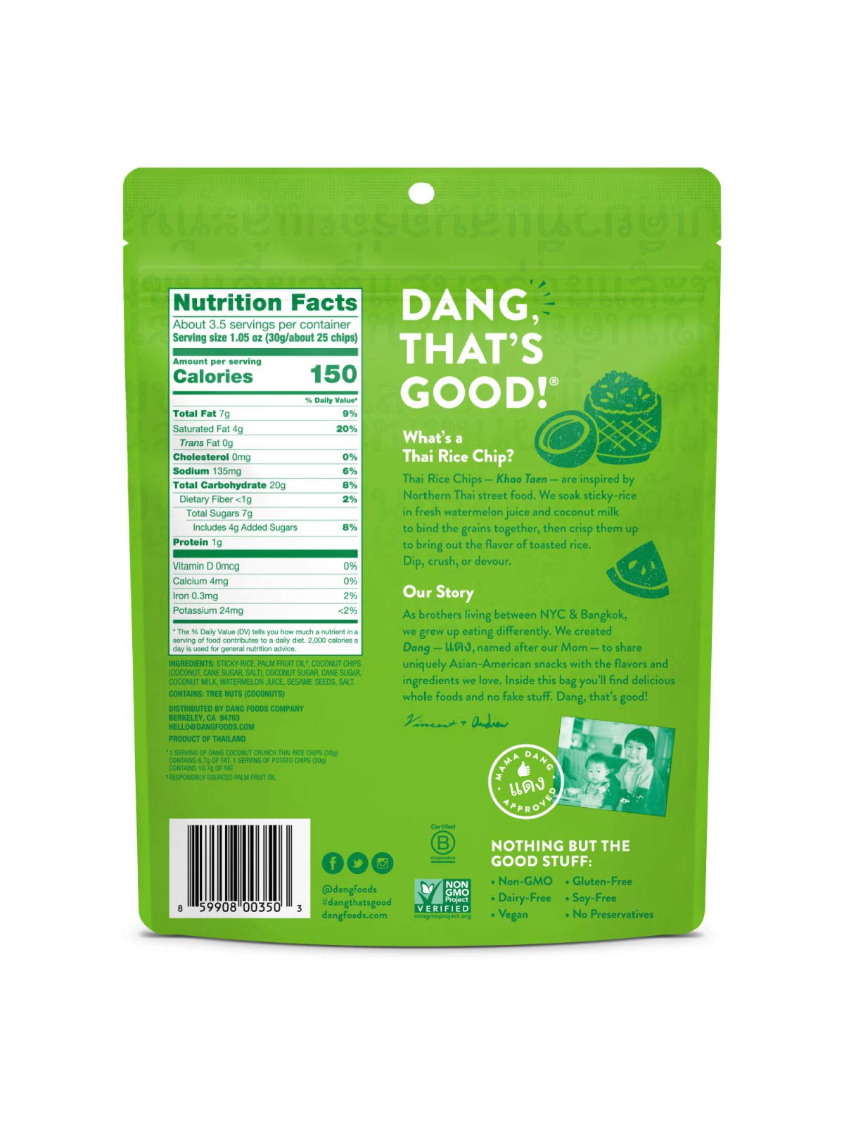 Dang Thai Rice Chips Coconut Crunch - 4 Pack Vegan Gluten Free Non-GMO Rice Crisps | Healthy Whole Food Snacks | 3.5oz Resealable Bags | Perfect for Office, School & On-the-Go Snacking