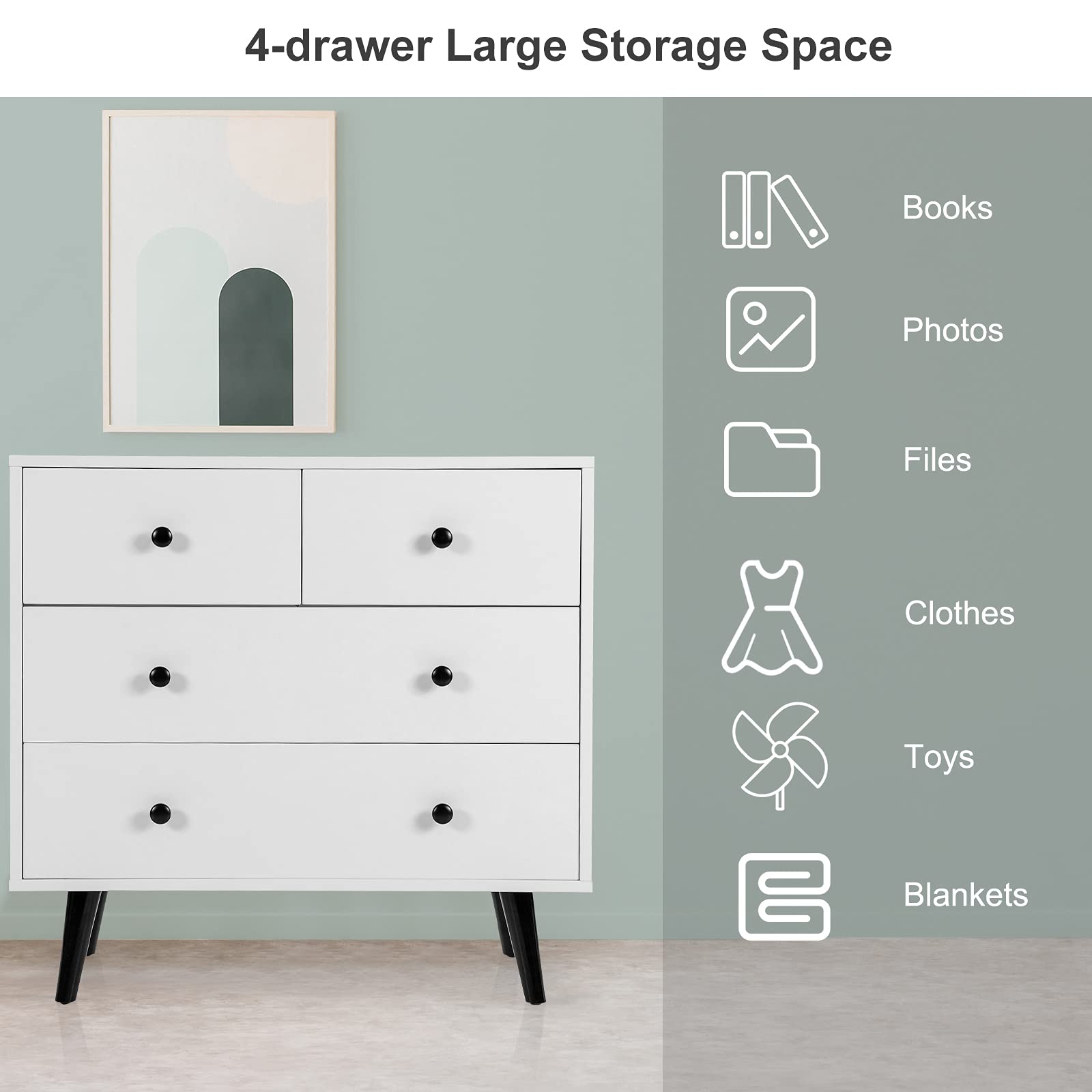 Giantex 4-Drawer Storage Cabinet with Spacious Drawers & Metal Handles - Sturdy Wooden Organizer for Living Room, Hallway, Office - White | Perfect for Home Organization, Closet Storage & Office Supplies