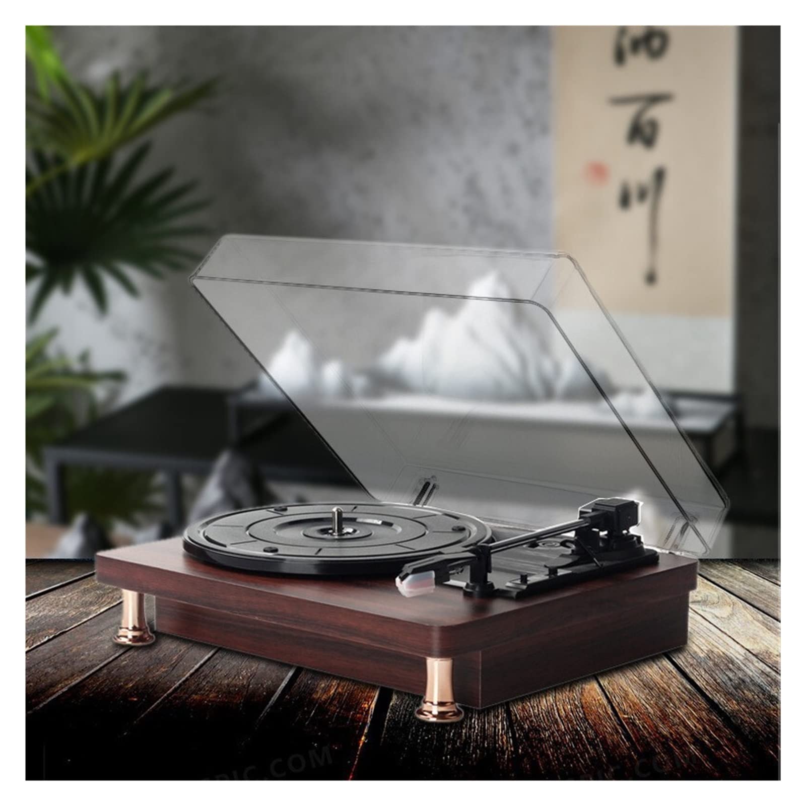 Vintage Mahogany Grain Vinyl Phonograph Record Player with Built-in Speakers - Classic Retro Turntable for Home Decor, Gift & Music Lovers (Includes Dust Cover) - Perfect for Living Room, Bedroom & Office Decorations