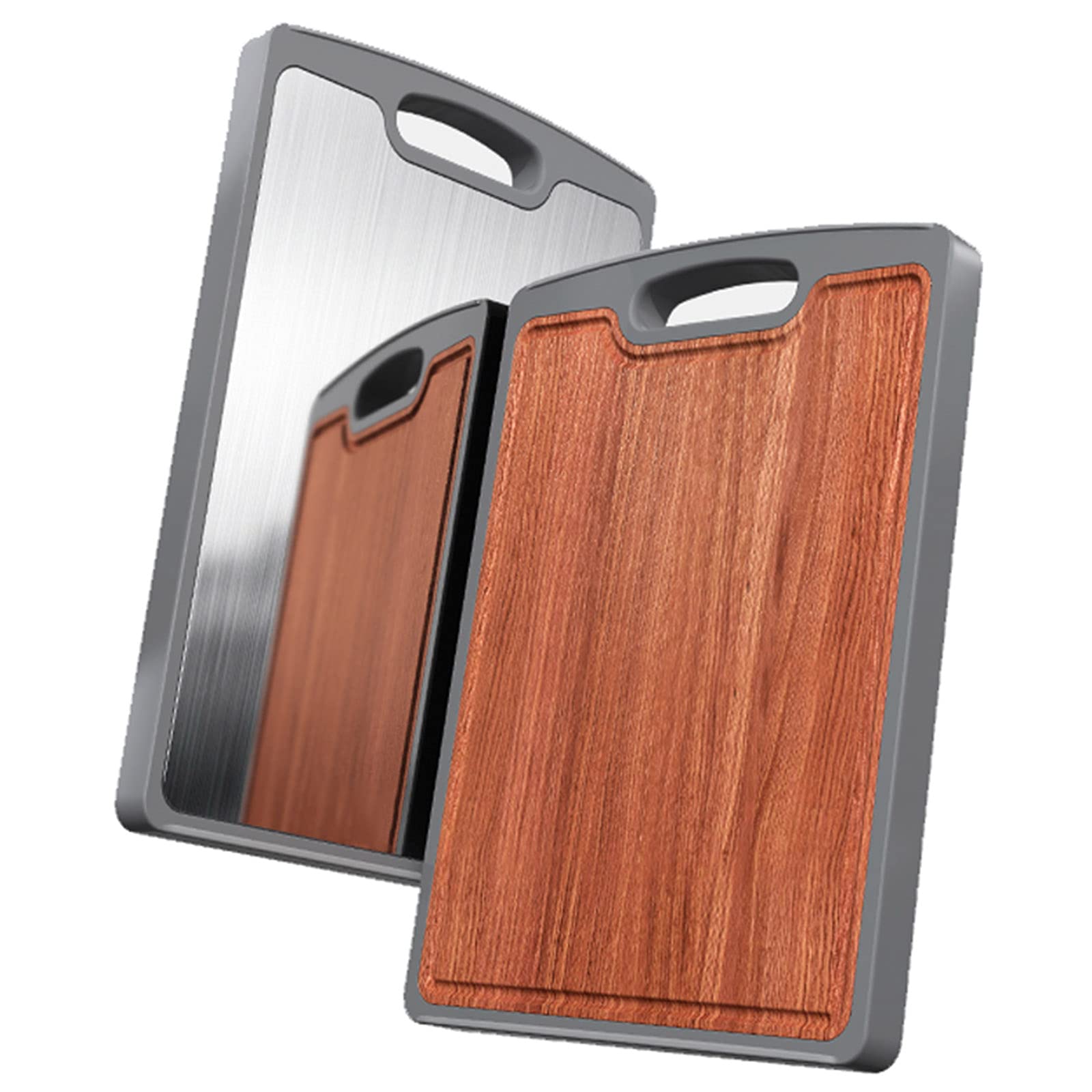 Double-Sided Wooden Chopping Board with Stainless Steel Reversible Design - Non-Slip Juice Groove & Easy Grip Handle for Meat, Vegetables, Fruits - Perfect for Kitchen Prep, Cutting, Serving & Entertaining