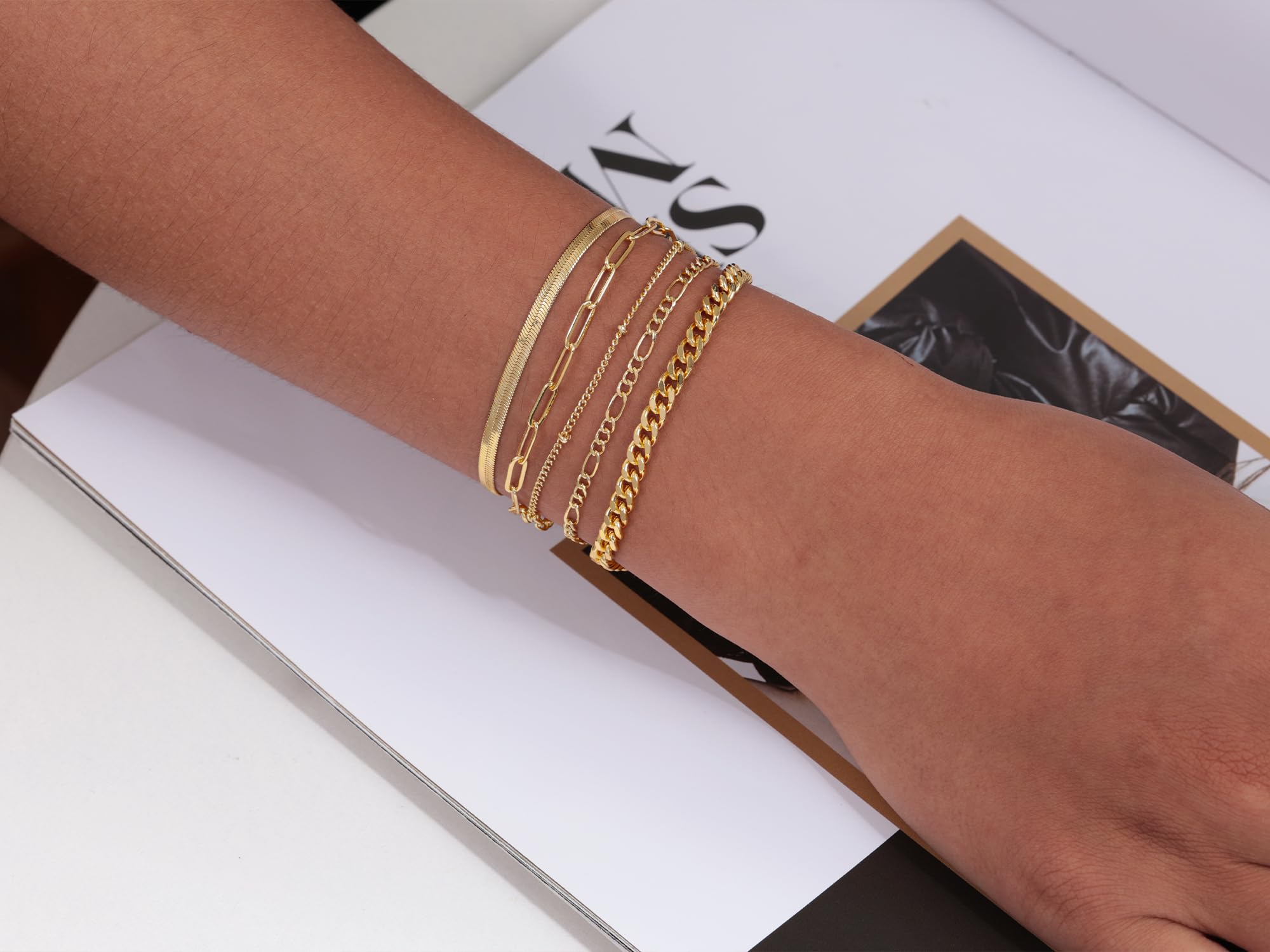 14K Real Gold Bracelets for Women - Stackable Waterproof Jewelry Set with Beaded, Cuban, Paperclip, Snake & Herringbone Chains | Trendy Dainty Cute Bracelet Pack for Everyday Wear, Gifts & Special Occasions