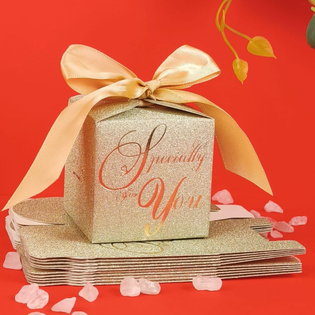 10-Piece Golden Square Folding Gift Boxes with Ribbon - Elegant Decorative Storage Box for Birthdays, Weddings, Festivals, Chocolates & Dry Fruits - Perfect for Party Favors, Gift Wrapping & Home Organization (Pack of 10, Gold)
