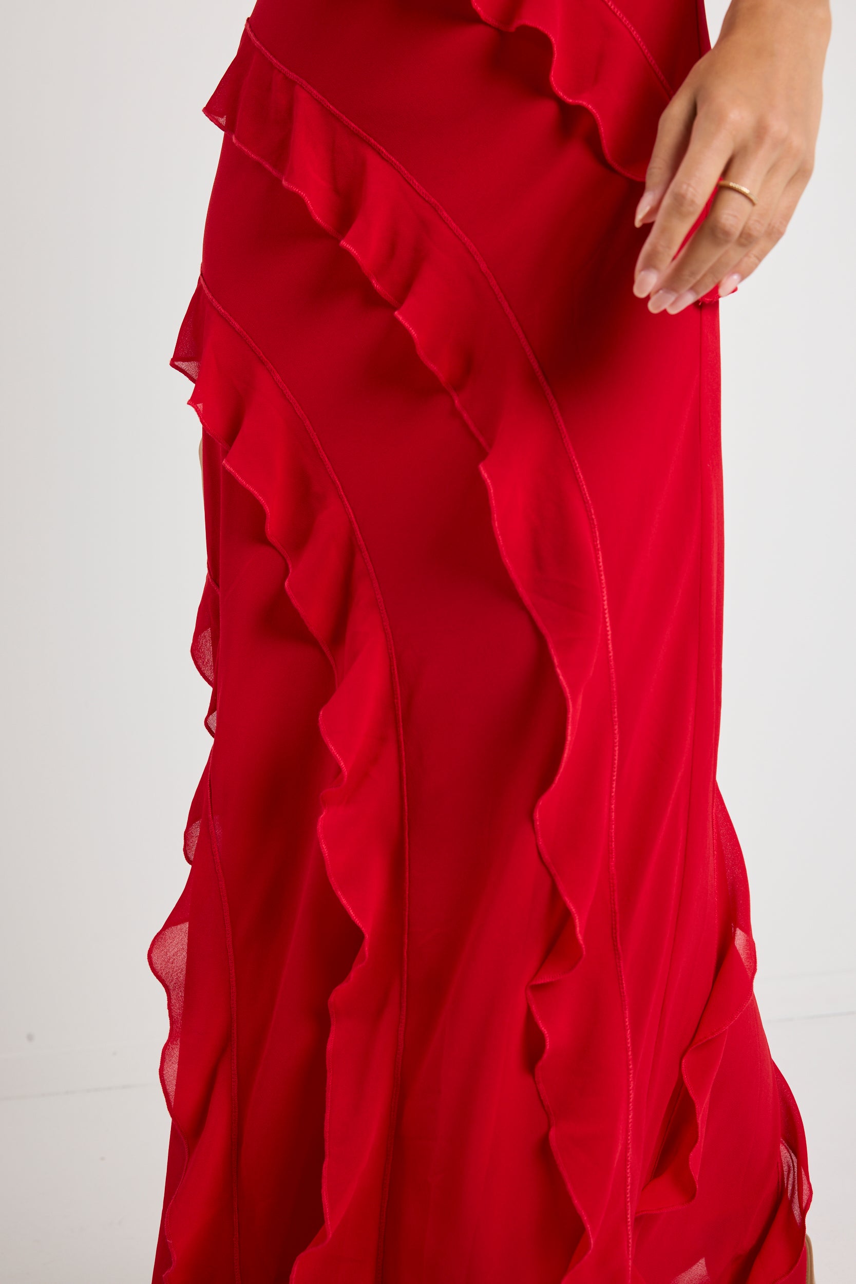 Elegant Galore Flame Bias Ruffle Slip Maxi Dress for Women - Flowy Summer Beach Wedding Party Gown - Perfect for Vacations, Date Nights & Special Occasions