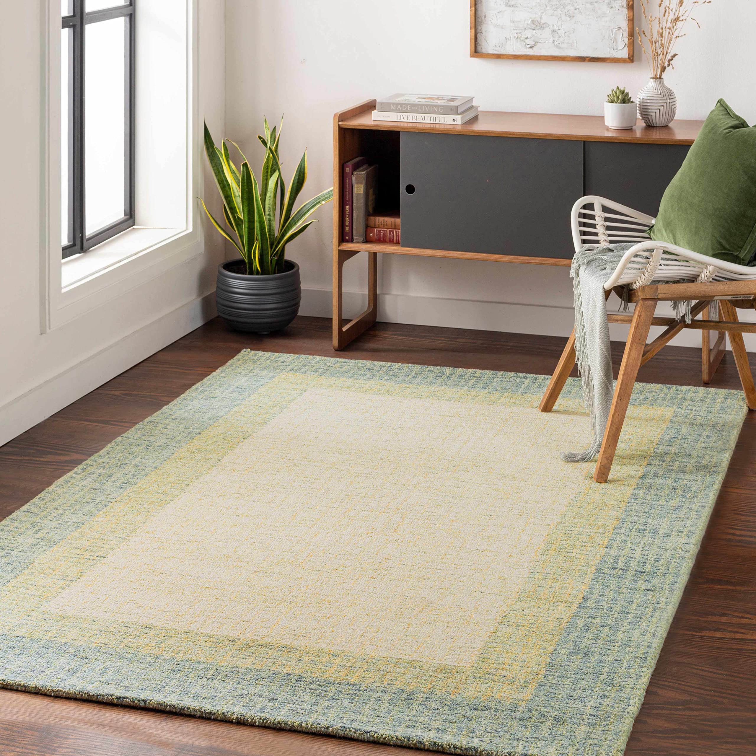 Hauteloom Pualas Wool Area Rug - Modern Beige & Green 2' x 3' - Soft Living Room & Bedroom Rug for Cozy Home Decor