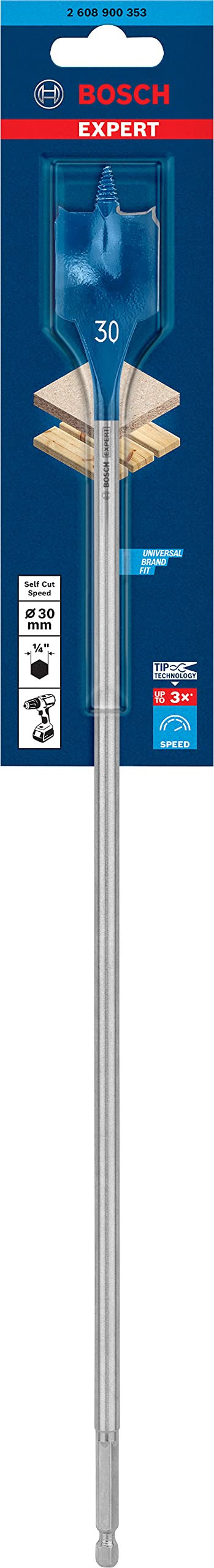 Bosch Expert SelfCut Spade Drill Bit 30mm for Softwood - Rotary Impact Drill Accessory for Woodworking
