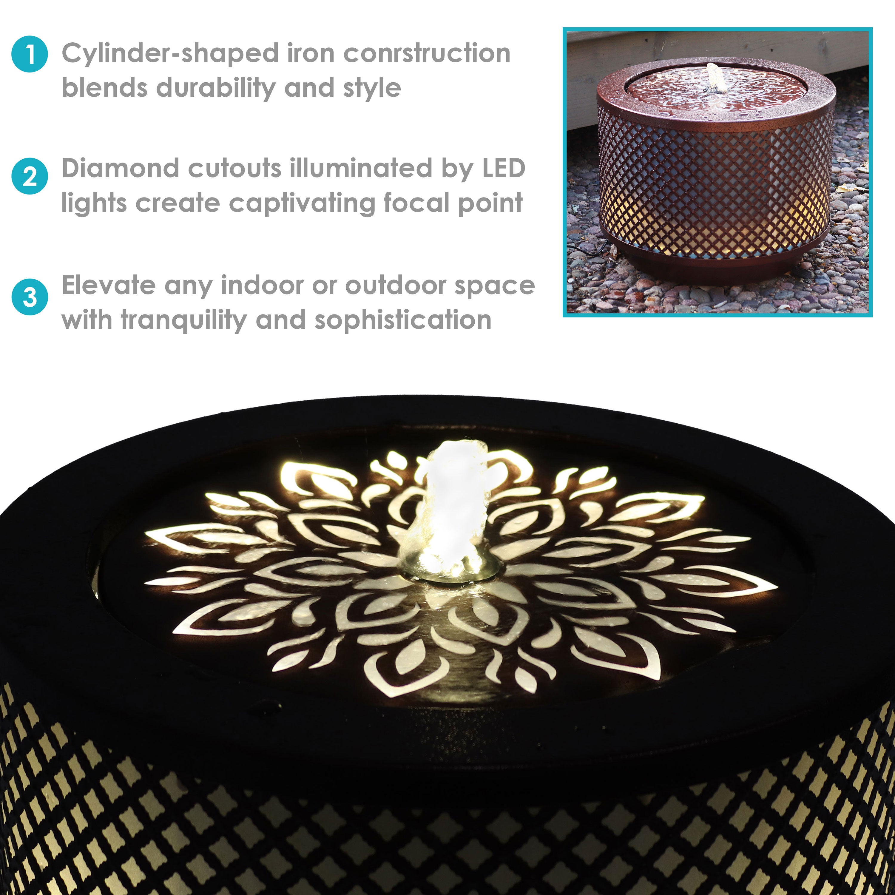Sunnydaze Repeating Diamond Cylinder Iron Outdoor Water Fountain - 11.75 Inch Tall Garden Decor for Patio, Yard & Landscaping | Relaxing Water Feature for Outdoor Spaces