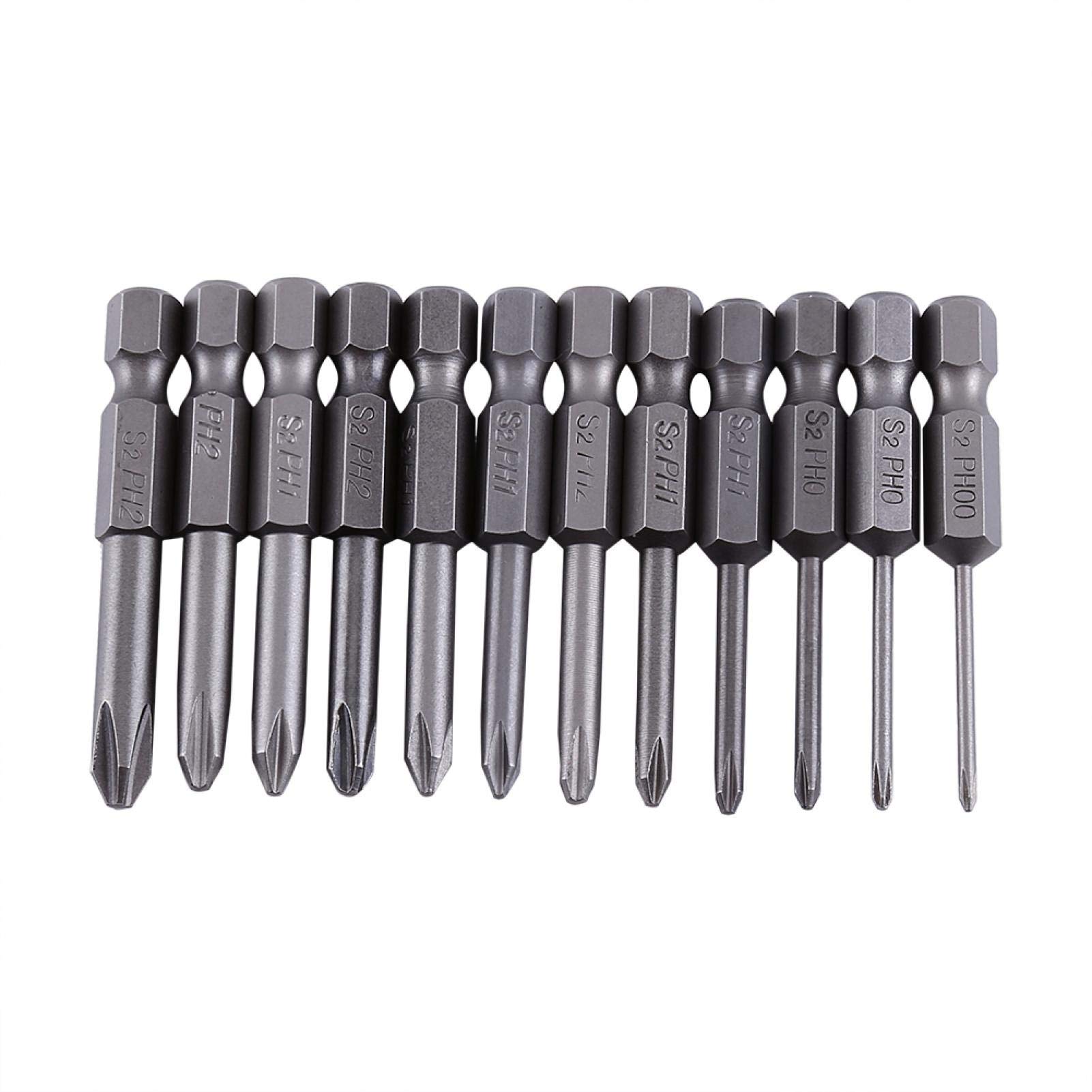 12-Piece 50mm Screwdriver Bit Set - 1/4 Inch Hex Shank, S2 Alloy, Magnetic Phillips & Cross Head - Power Tool Accessories for DIY, Home Repair & Electrical Work