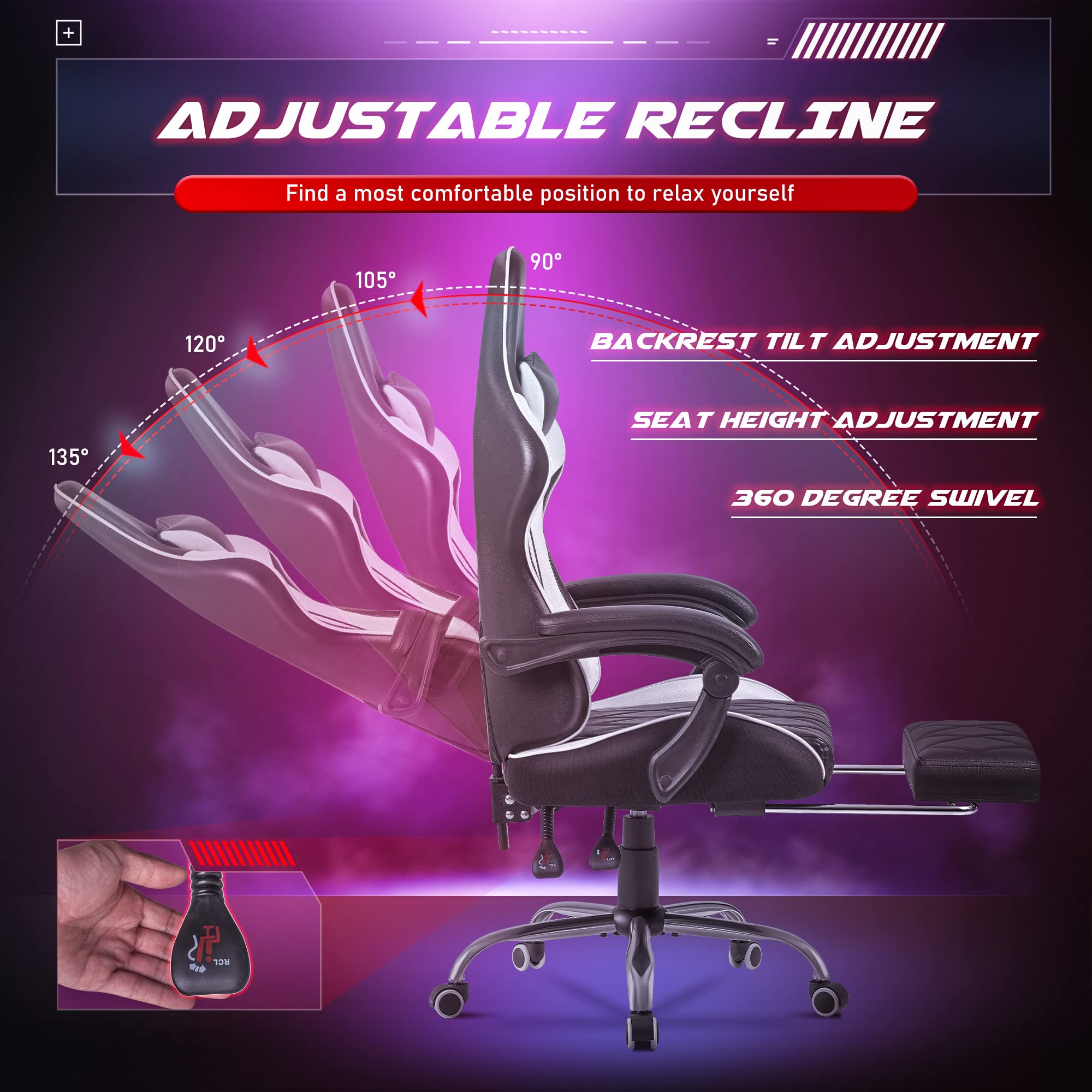 Homall Ergonomic Gaming Chair with Footrest & Lumbar Support - High Back Computer Chair with Swivel Seat & Headrest for PC Gamers - Perfect for Office, Streaming & Esports (White)