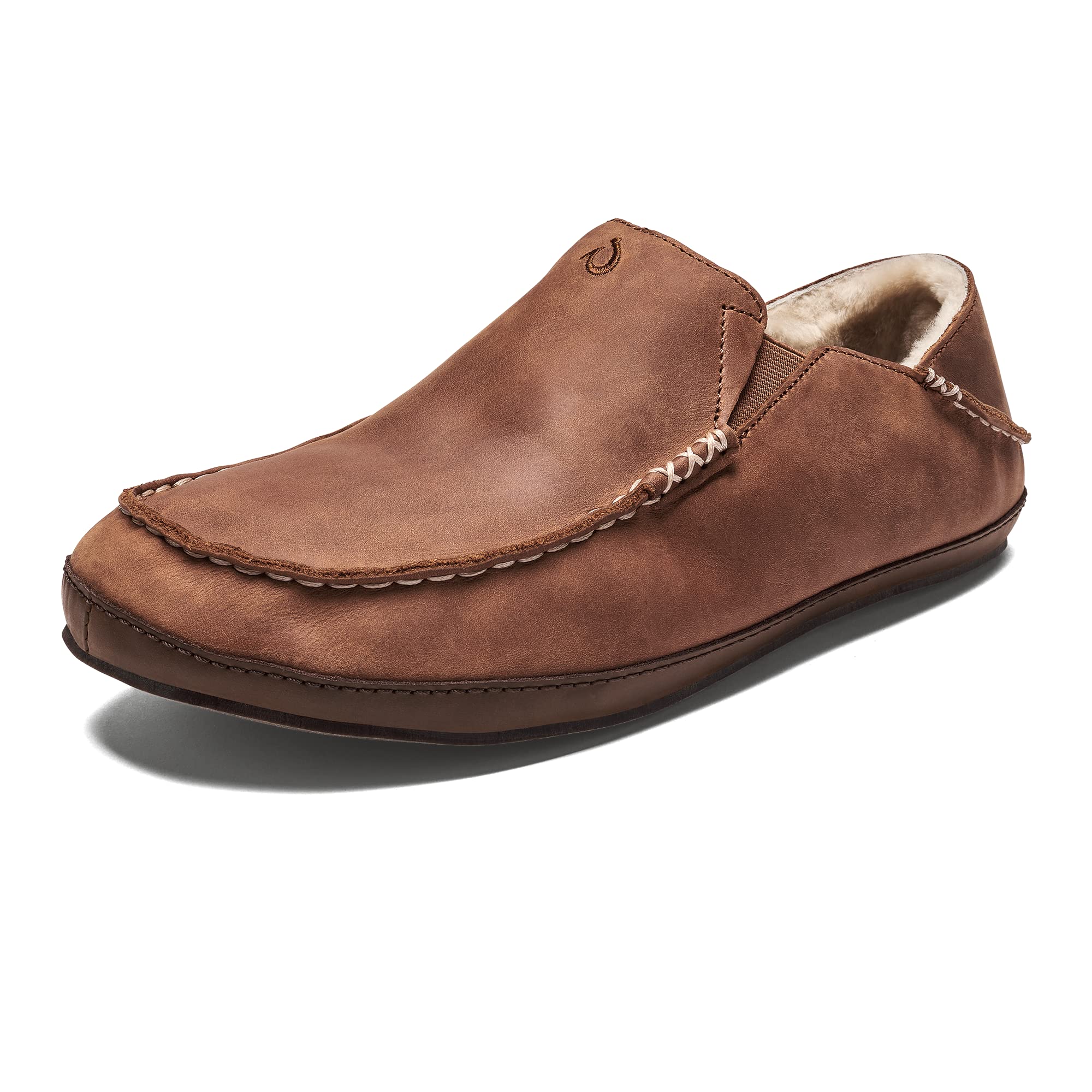 OLUKAI Moloa Men's Slippers - Premium Nubuck Leather Slip-On Shoes with Shearling Lining & Gel Cushion, Comfortable Drop-In Heel Design - Perfect for Indoor Relaxation, Lounging at Home, and Casual Wear
