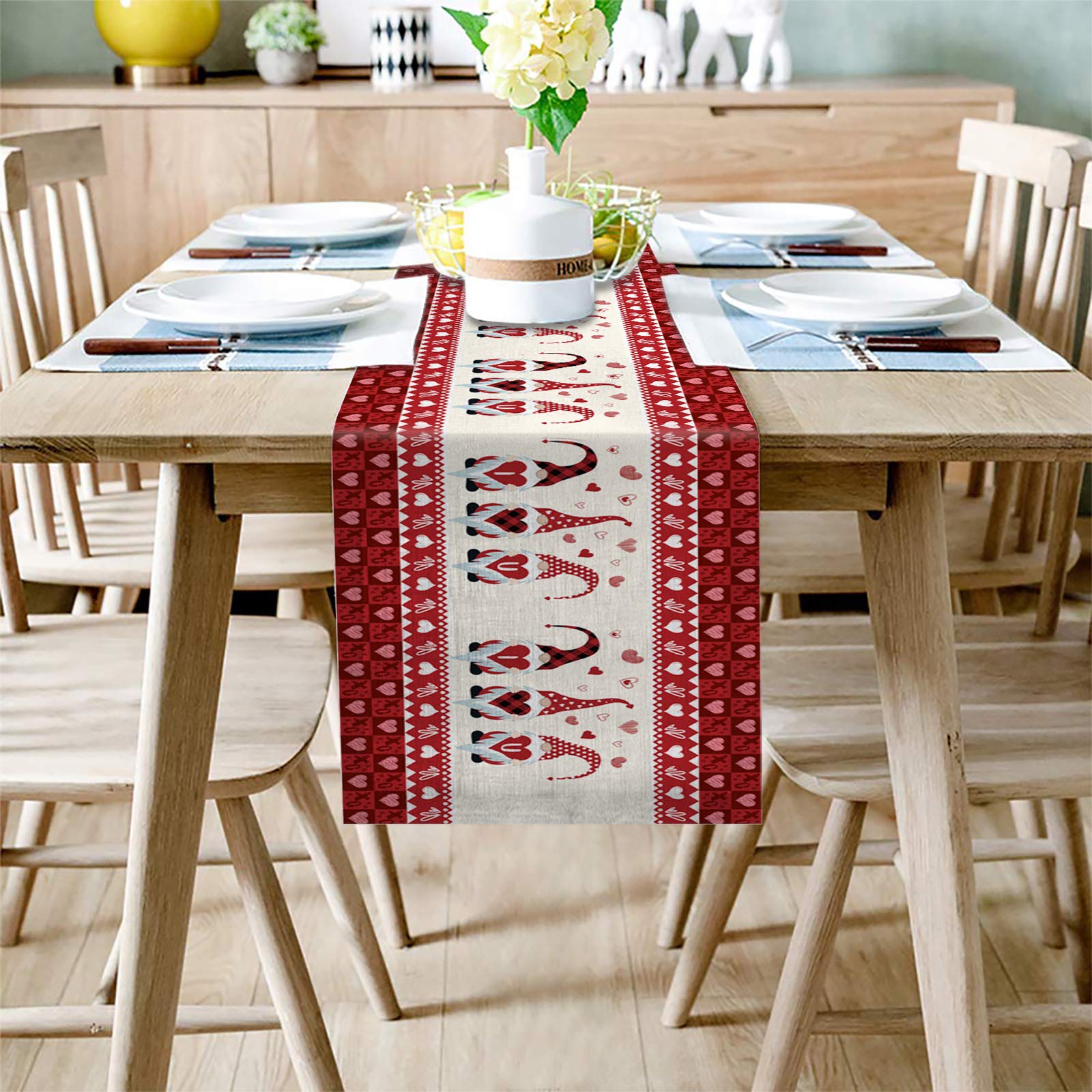 T&H XHome 120 Inch Long Washable Linen Burlap Table Runner - Farmhouse Kitchen Decor, Valentine's Day Red Gnome Love Design for Dining Table, Dresser, Wedding & Party Decoration | Perfect for Rustic Home, Holiday Celebrations and Special Occasions