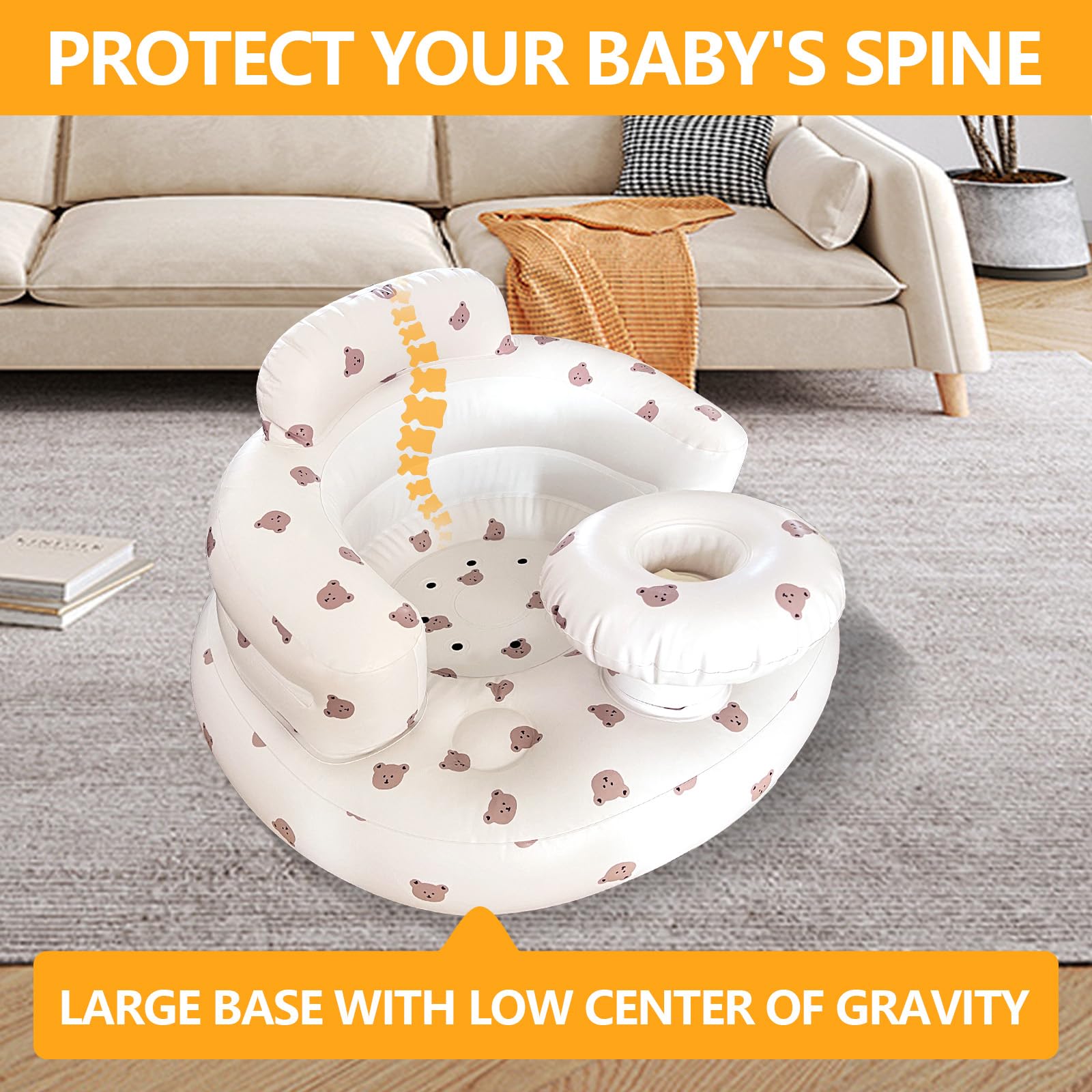 Inflatable Baby Floor Seat with Tray & Built-in Air Pump - Soft Support Chair for Infants 3 Months+ (Bear Design) - Perfect for Playtime, Feeding & Learning to Sit