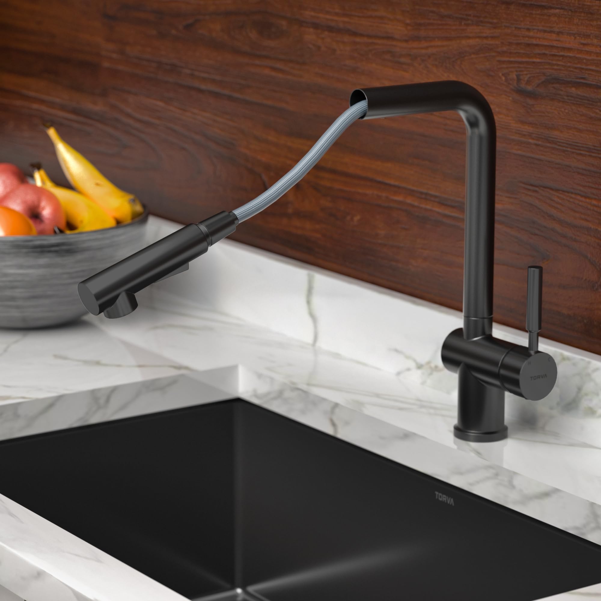 TORVA Matte Black Kitchen Faucet with Pull Down Sprayer - Stainless Steel Single Handle Sink Faucet for Modern Kitchens | Perfect for Cooking, Washing Dishes & Food Prep