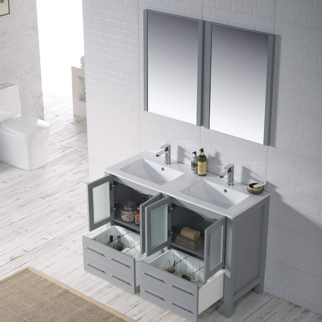 48-Inch All-Wood Single Bathroom Vanity with Ceramic Sink - Double Ceramic Top in Metal Grey | Modern Bathroom Storage Solution for Small Spaces, Powder Rooms & Guest Baths