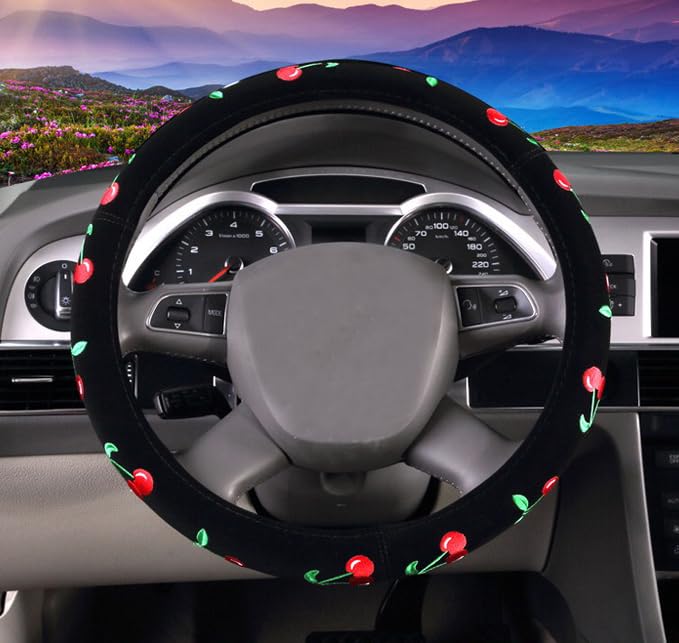 Mayco Bell Women's Cute Cherry Embroidery Car Steering Wheel Cover - Soft Grip, Universal Fit for Most Vehicles - Perfect for Daily Commute & Road Trips