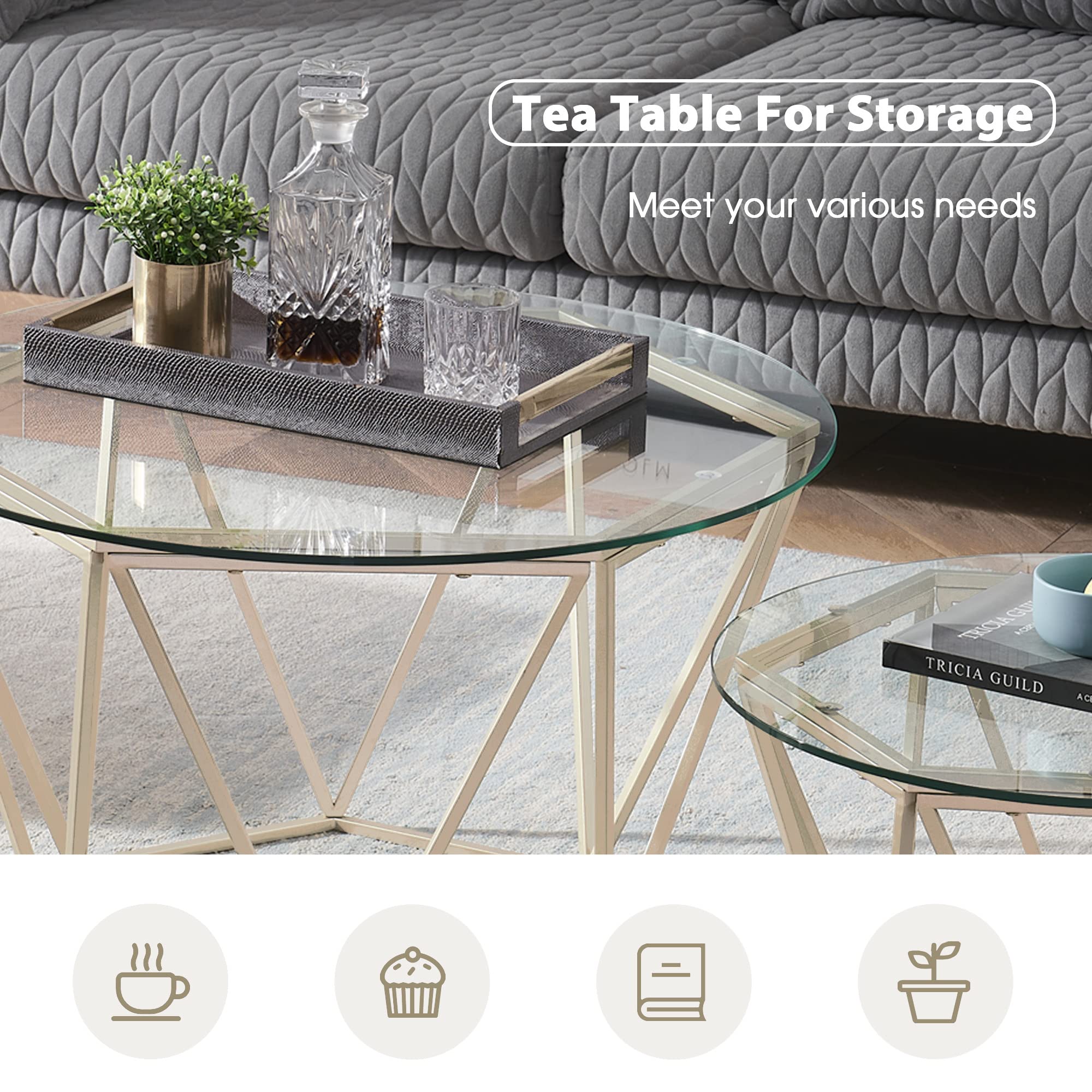 ivinta 2-Piece Round Nesting Coffee Table Set - Modern Tempered Glass Living Room Tables with Gold Metal Frame Legs (31.5 & 23.6 Inch) - Perfect for Small Spaces, Apartments & Lounge Areas