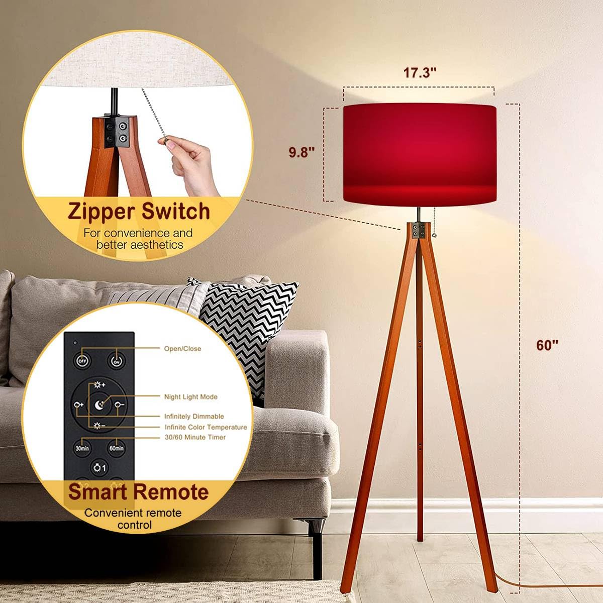 Modern Red Wood Tripod Floor Lamp with Linen Lampshade - Dimmable Tall Standing Light for Living Room, Bedroom, Office | Mid-Century Style Home Decor Lighting for Reading Nook, Lounge & Workspace
