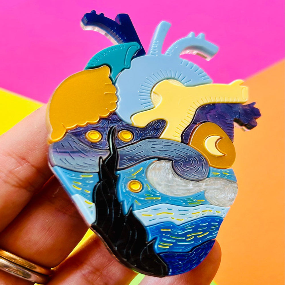 Vincent Van Gogh Starry Night Acrylic Brooch - Anatomical Hearts Collection by Makokot Design - Unique Art Jewelry for Art Lovers, Gift for Artists & Van Gogh Fans