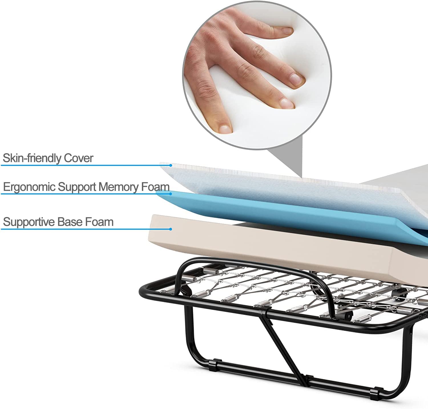 GOFLAME Folding Bed with Memory Foam Mattress - Portable Twin Size Bed with Sturdy Metal Frame & Wheels for Adults & Kids - Space-Saving Guest Bed for Home, Office & Travel - Made in Italy - Perfect for Sleepovers, Camping & Small Spaces