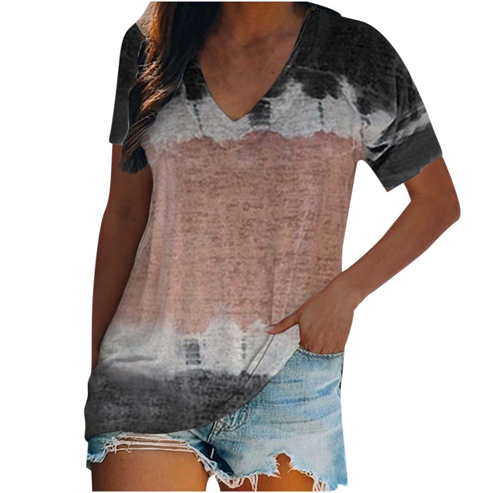 Women's Loose Fit Printed V-Neck Tank Tops - Fashion Short Sleeve Pullover T-Shirt for Casual Wear, Summer Outfits & Beach Vacation